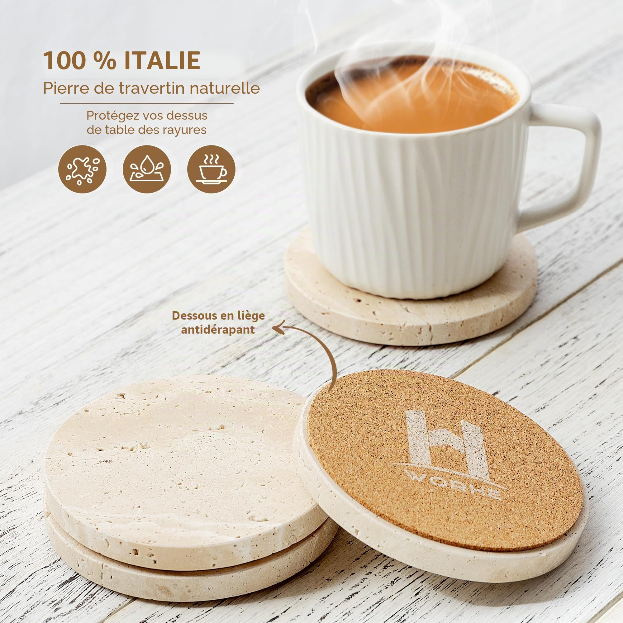 Dessous de Verre à vin en marbre, Jeu de 4 Dessous de Verre Ronds en travertin avec Fond en liège pour Tasses à thé, Tasses à café, Verres à vin, pour la Maison, Le Bar et Le Bureau (BD140)