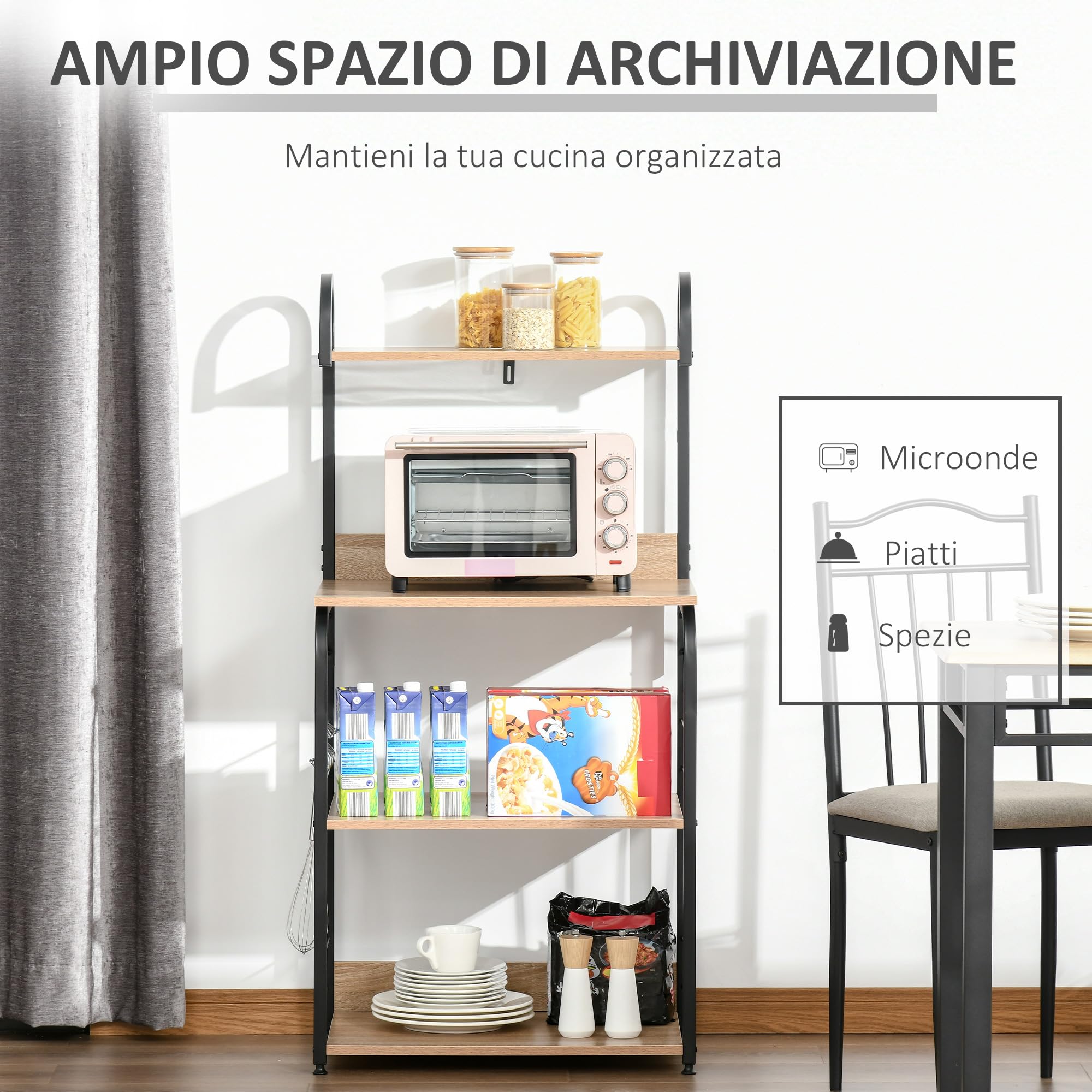 HOMCOM Mobiletto per Microonde, Scaffale da Cucina a 4 Ripiani e 4 Ganci, Mobile Cucina in Acciaio e Legno 60x40x125cm, Color Legno