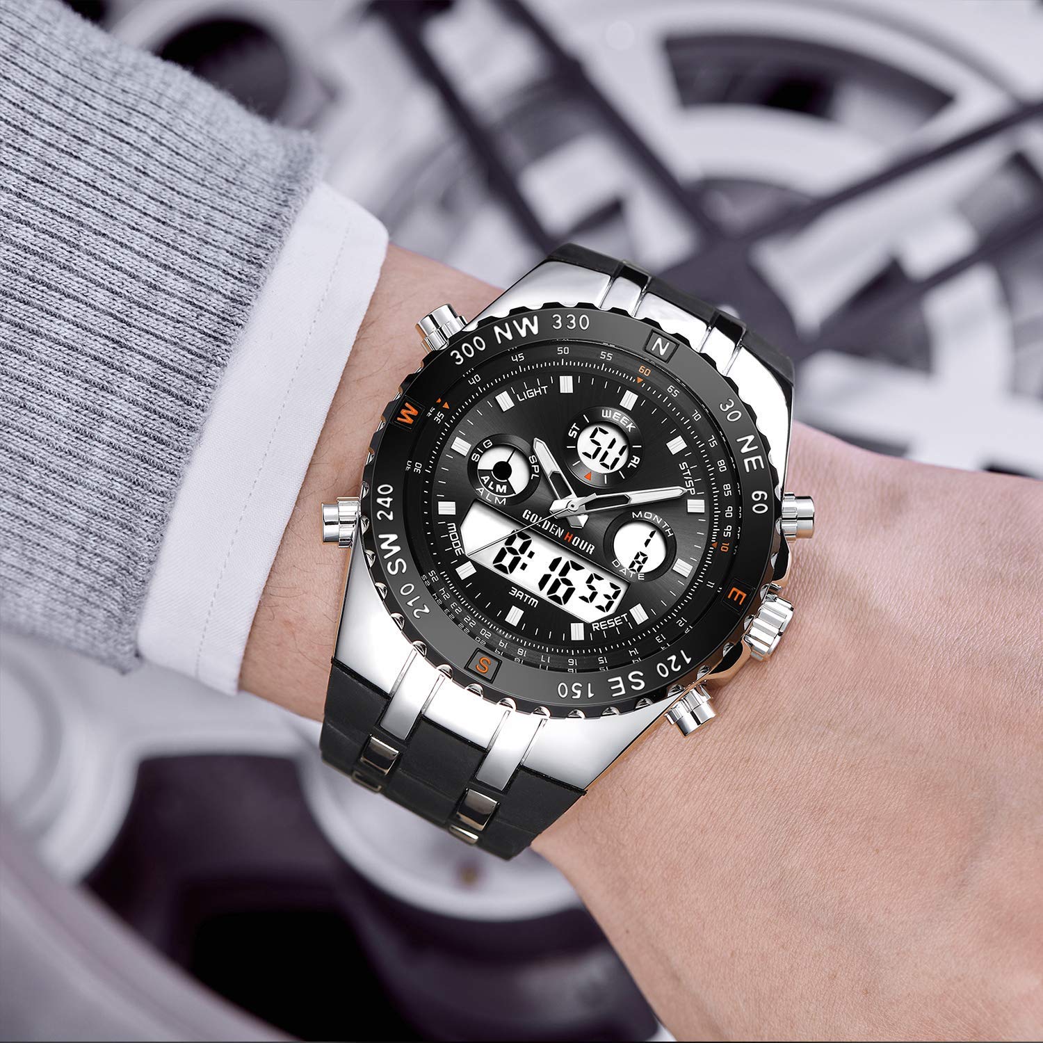 Orologio sportivo da uomo, impermeabile, cronometro, data, sveglia, luminoso, digitale, analogico, militare, con cinturino in gomma