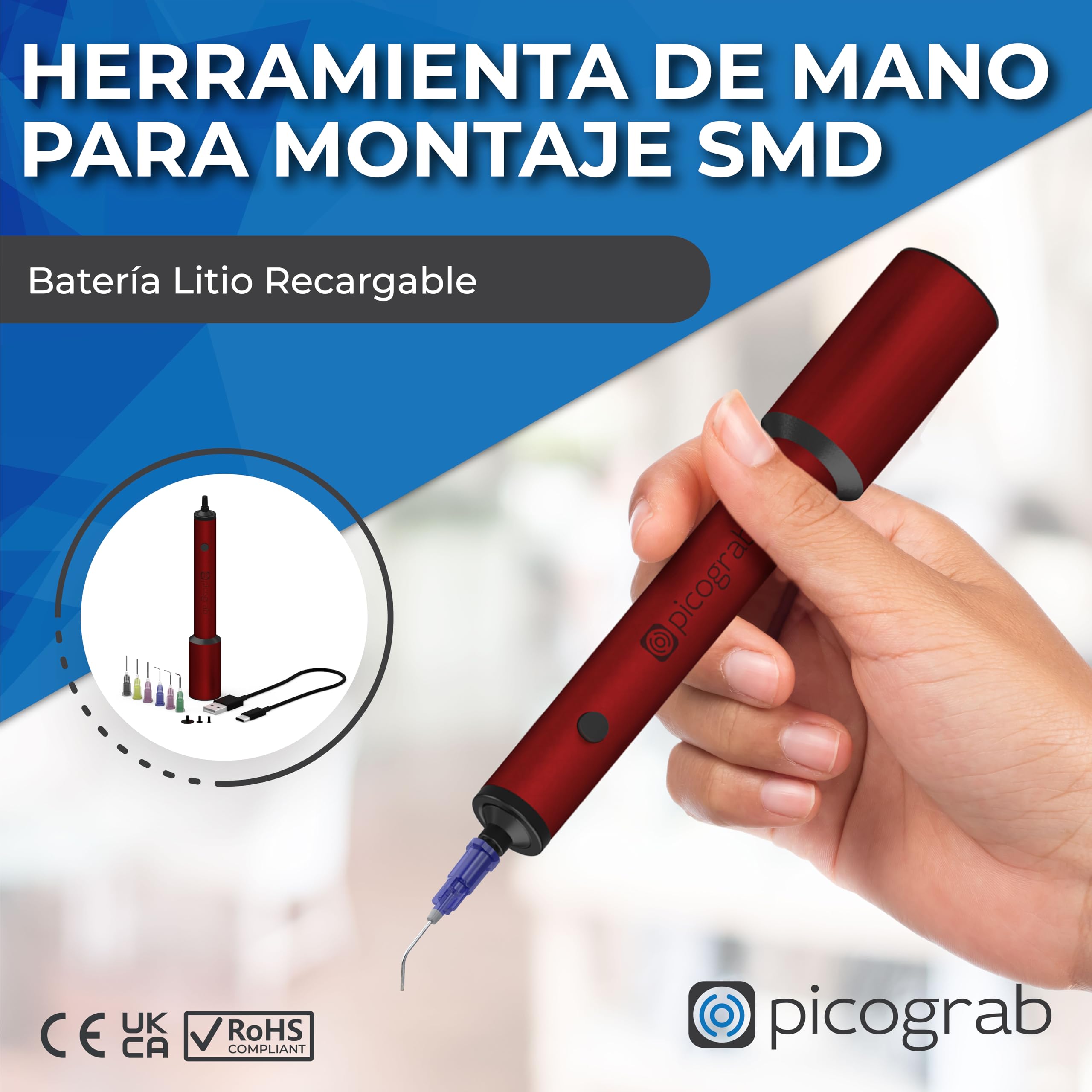 Lápiz de vacío ESD recargable para colocación de componentes IC y retrabajo de chips SMD, con 3 ventosas, 6 boquillas intercambiables, cuerpo de aluminio, puerto USB-C y hasta 10 horas de batería.