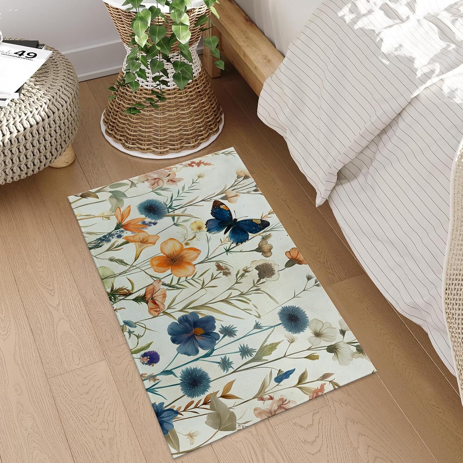 Wildflower and Butterfly Indoor Door Mat, 17x29.5 Inch, Floor Area Rug for Entryway, Living Room, or Bathroom, Non-Slip Doormat, Delicate Floral Design Home Decor Rug Gifts
