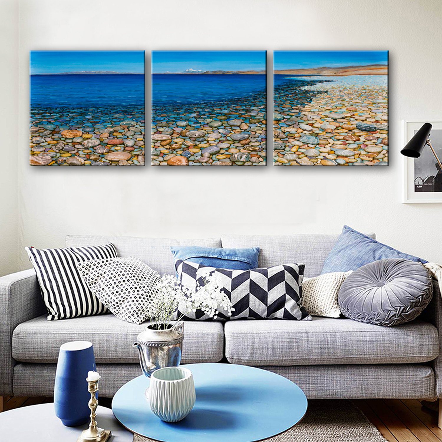 Amazon｜風景装飾油絵（砂浜小石）リビングルーム装飾絵画平野手