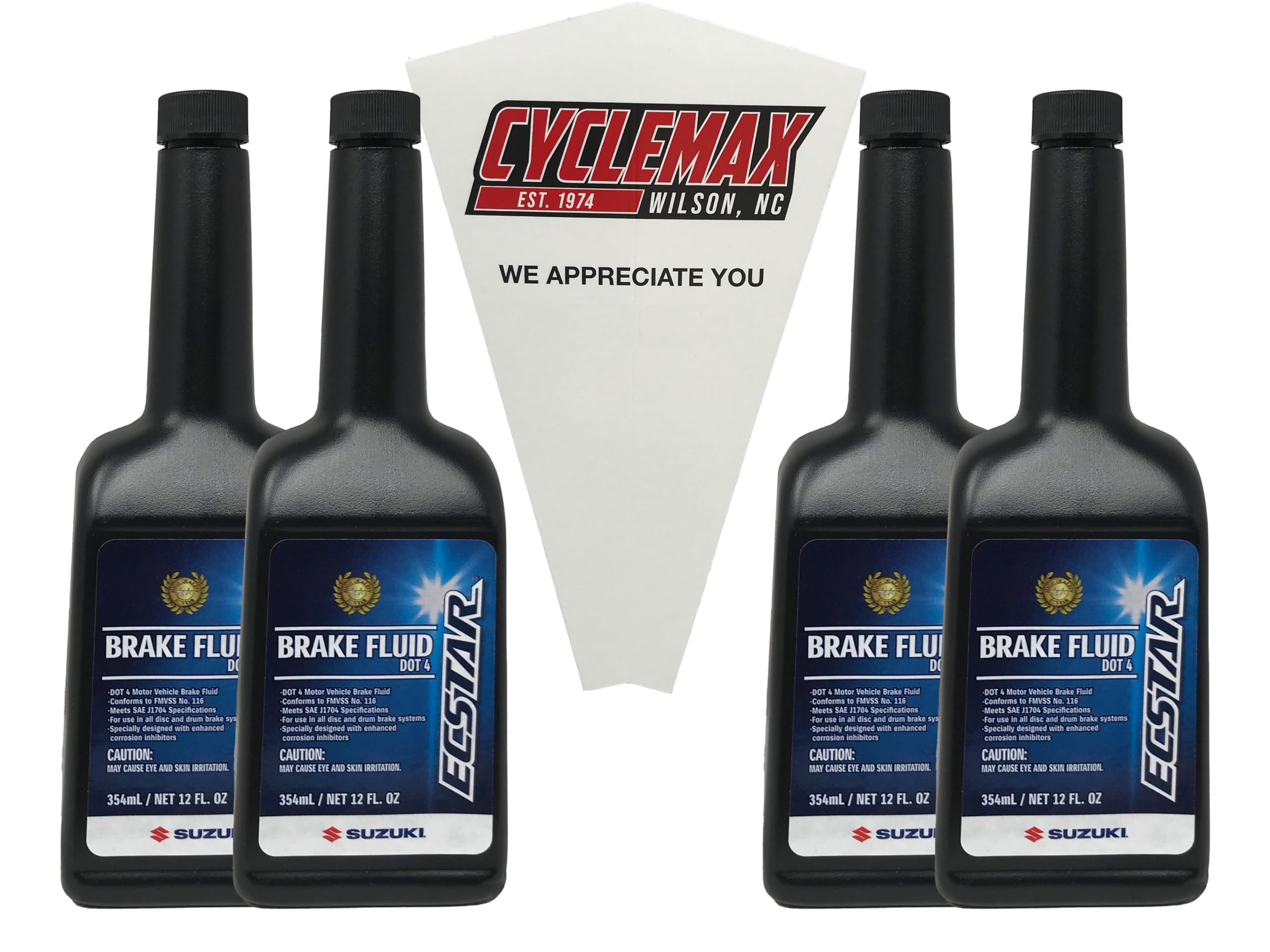 Cyclemax Four Pack Compatible with Suzuki Ecstar DOT 4 Brake Fluid 990A0-01E91-12Z Contains Four Bottles and a Funnel