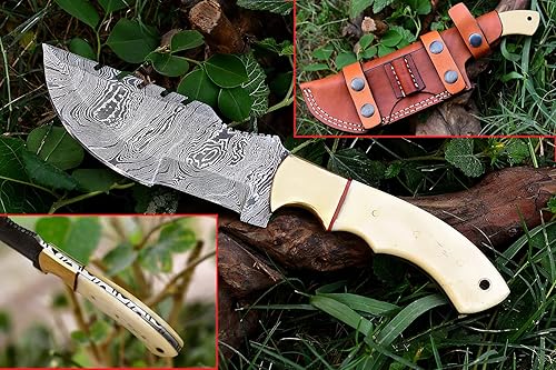 Nooraki - 11 pulgadas  Cuchillo de rastreo de Damasco hecho a mano personalizado con mango de hueso de camello, cuchillo de caza, cuchillo de