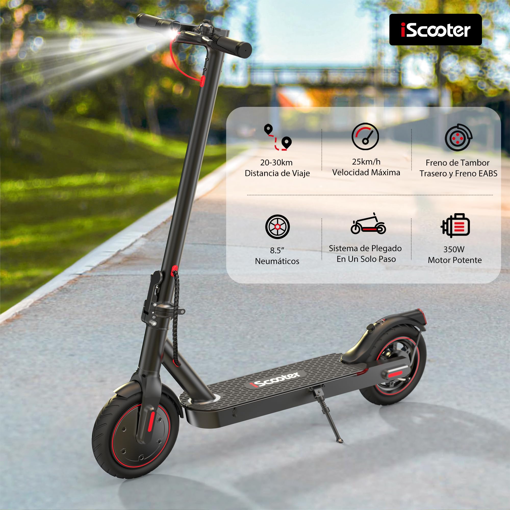 iScooter i8 Patinete Electrico Plegable para Adolescentes Y Adultos, Motor de 350W, Autonomía 20-30KM, MAX 25 KM/H, 187.2WH Batería, Carga 100KG, Frenado Dual, Desplazamientos Diarios, Blanco, Negro