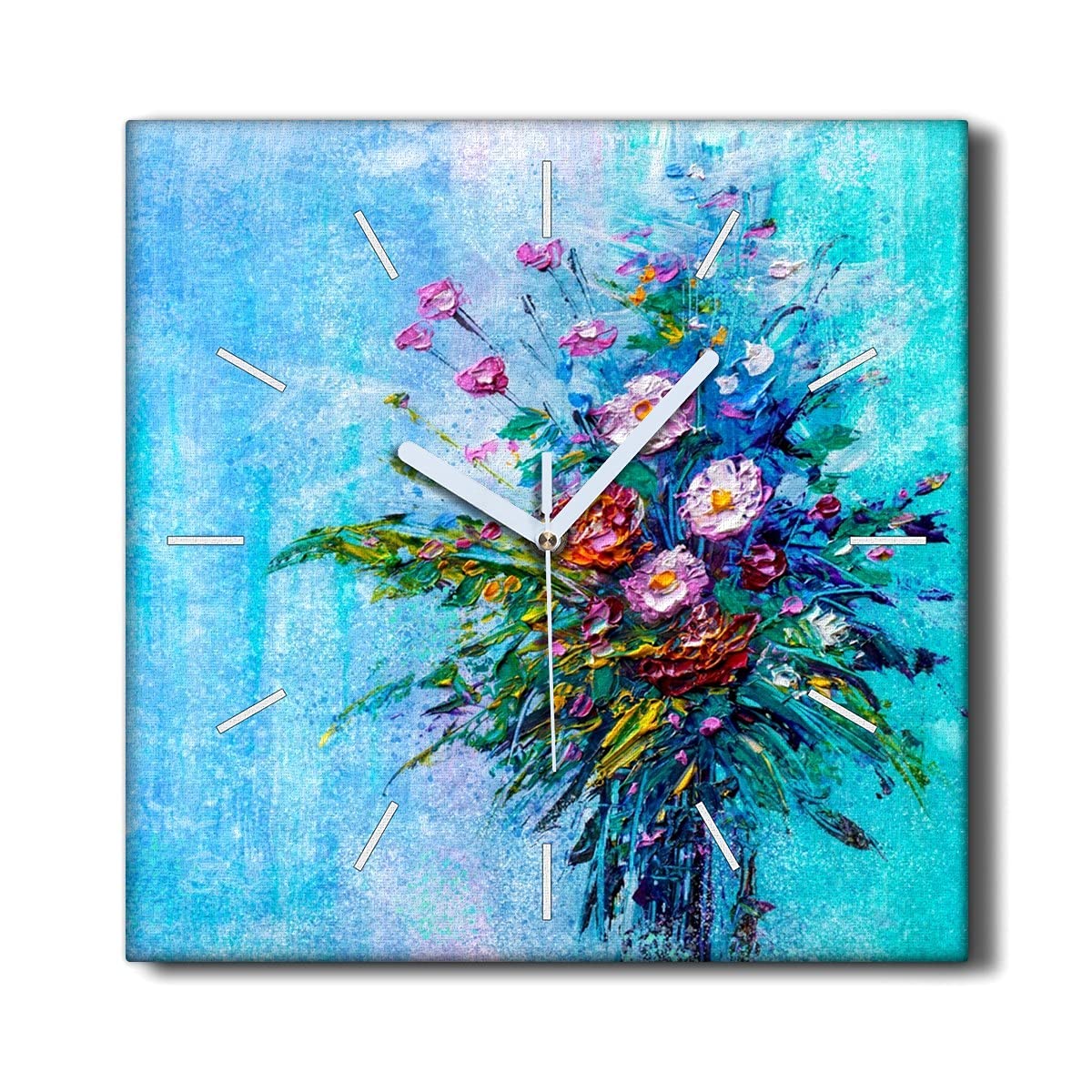 Horloge sur Toile Coloray 30x30 cm | Pendule Murale Silencieuse Fleurs Peinture pour Salon