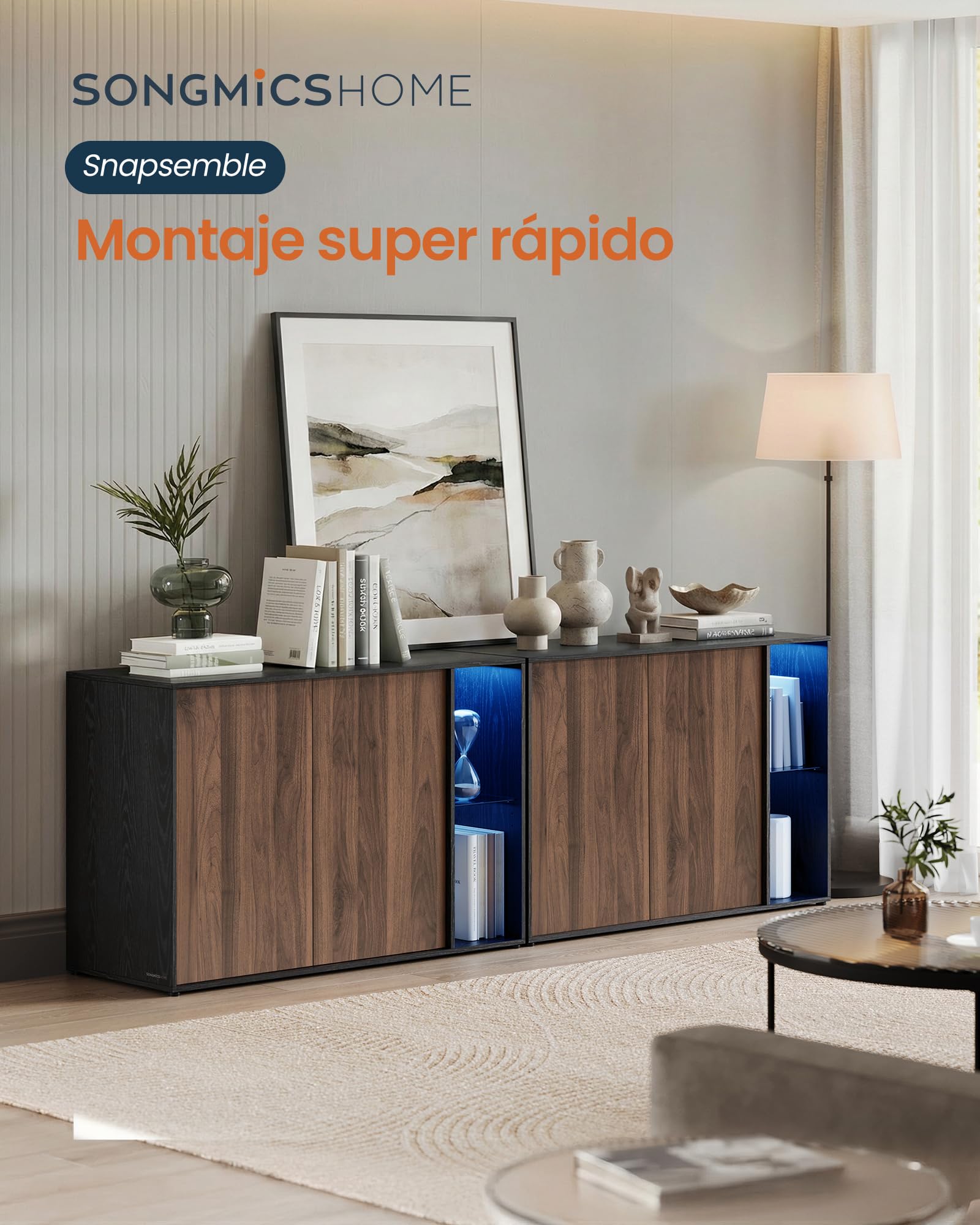 SONGMICS Home Aparador, Montaje Súper Rápido Sin Herramientas Toolless, Mueble de TV con Iluminación y Estante de Cristal, Aparador, Nogal Natural y Negro Ébano BBK372B01
