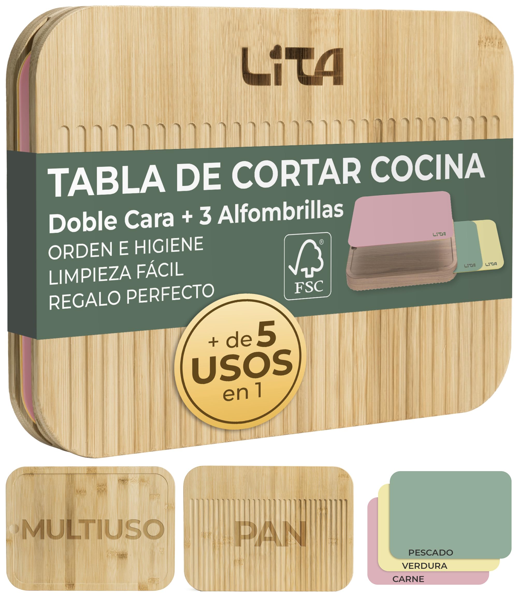 LITA Tabla de Cortar de Bambú Antibacteriana 36,5 x 27 x 4 cm, Doble Cara con 3 Alfombrillas Intercambiables, Tabla de Cocina para Carne, Pescado, Verduras y Pan, Libre BPA