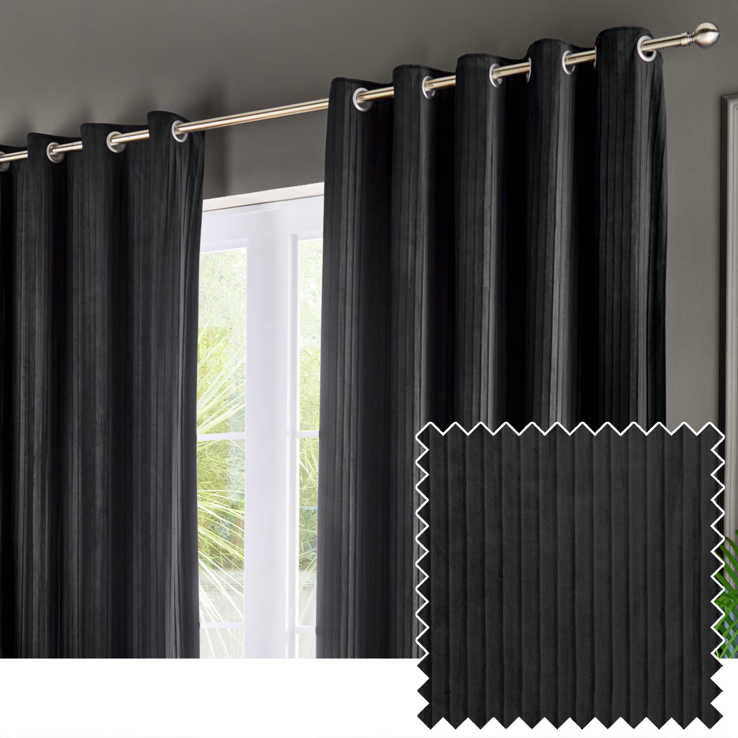 Paoletti Corinthian Velvet Eyelet Curtain Pair - Black - 229x183cm