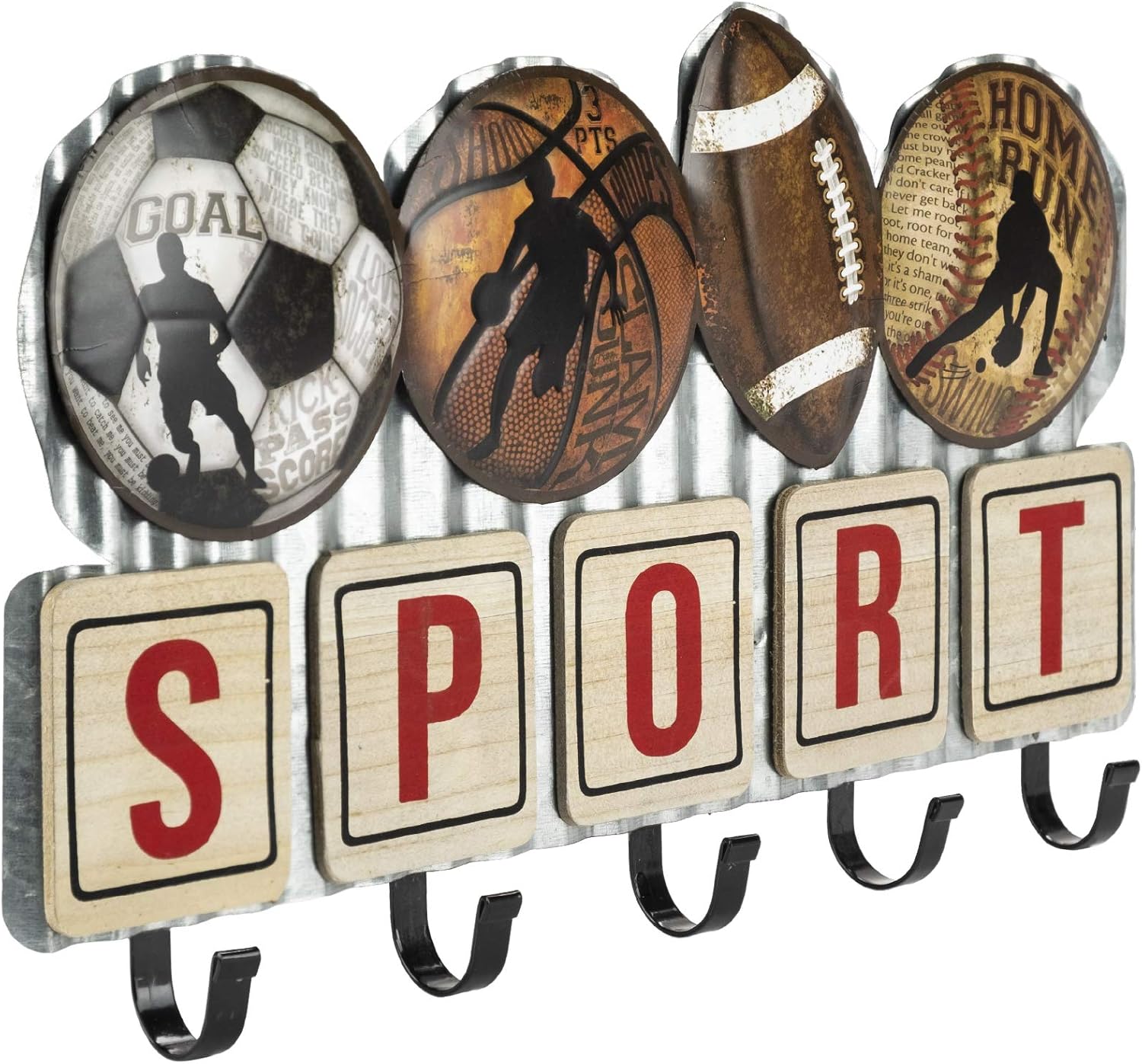 Vintage Sports Metal Coat Rack with 5 Hooks
