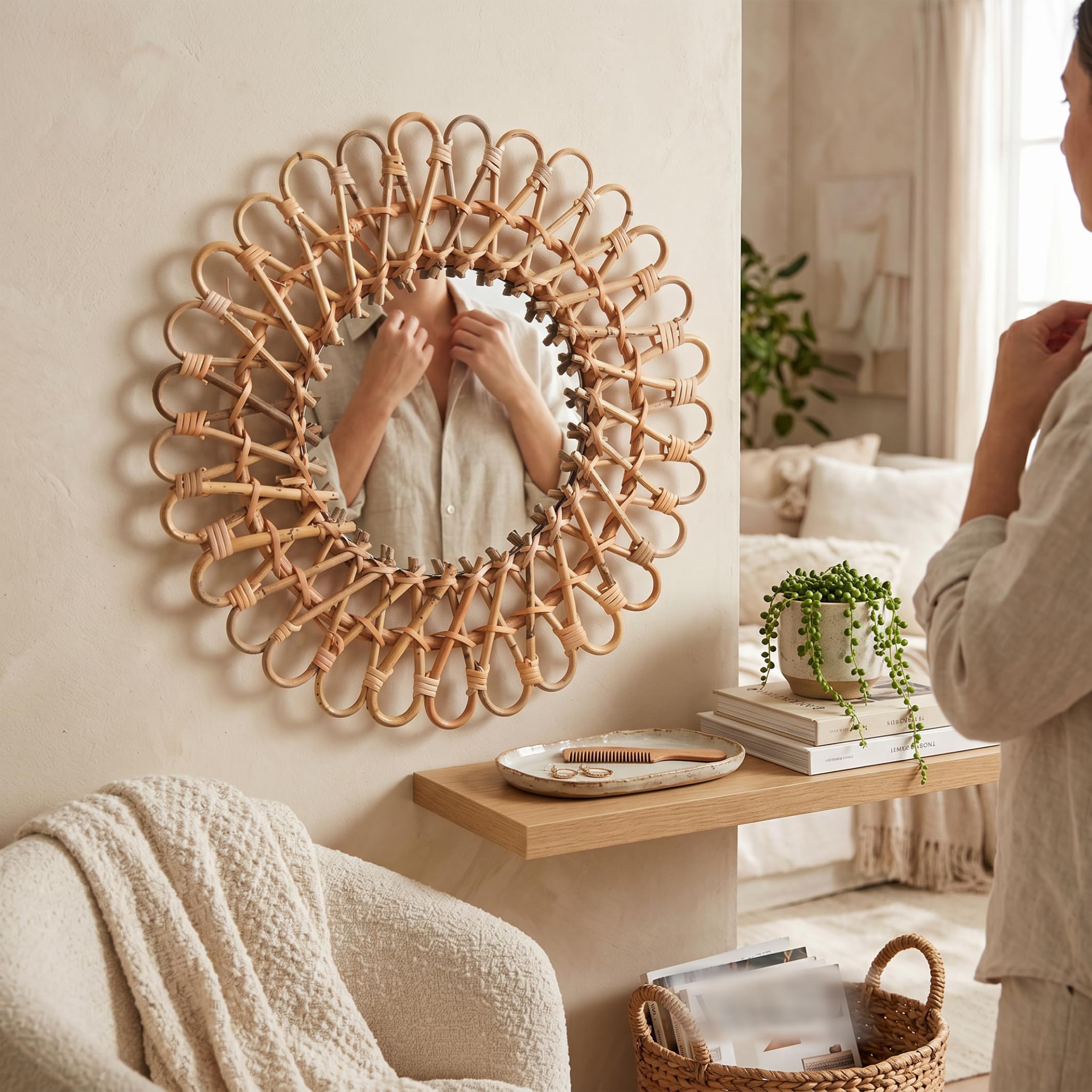 Specchio in rattan intrecciato a mano, arredamento per la camera Boho kaki Arredamento per la camera Boho Specchio decorativo in vimini