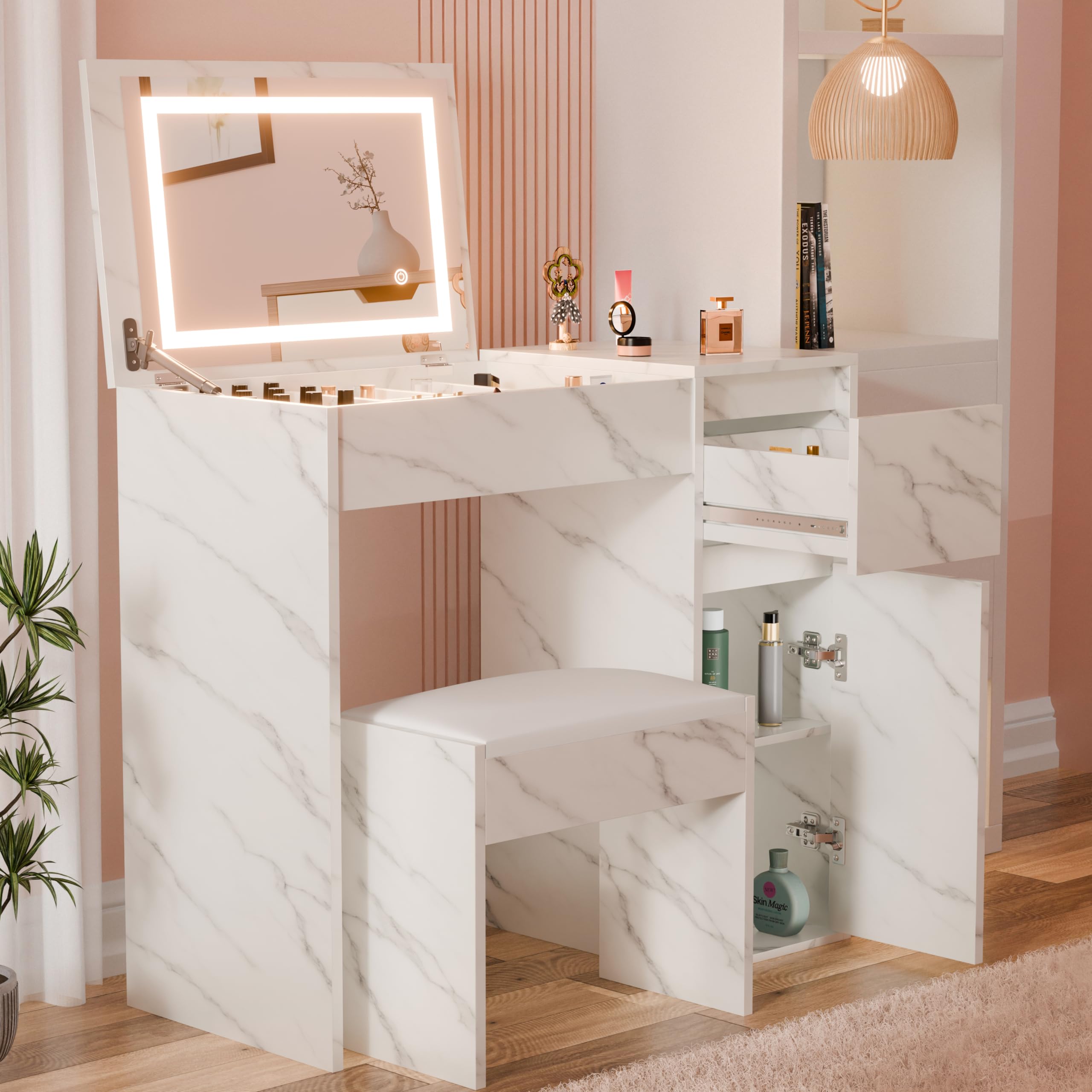 Blisswood Dressing Table with Flip-Up Mirror and Led lights, Vanity Makeup Desk with Hidden Storage, Convertible Writing or Office Table, Make up Bedroom Dresser for Girls Room, White Marble