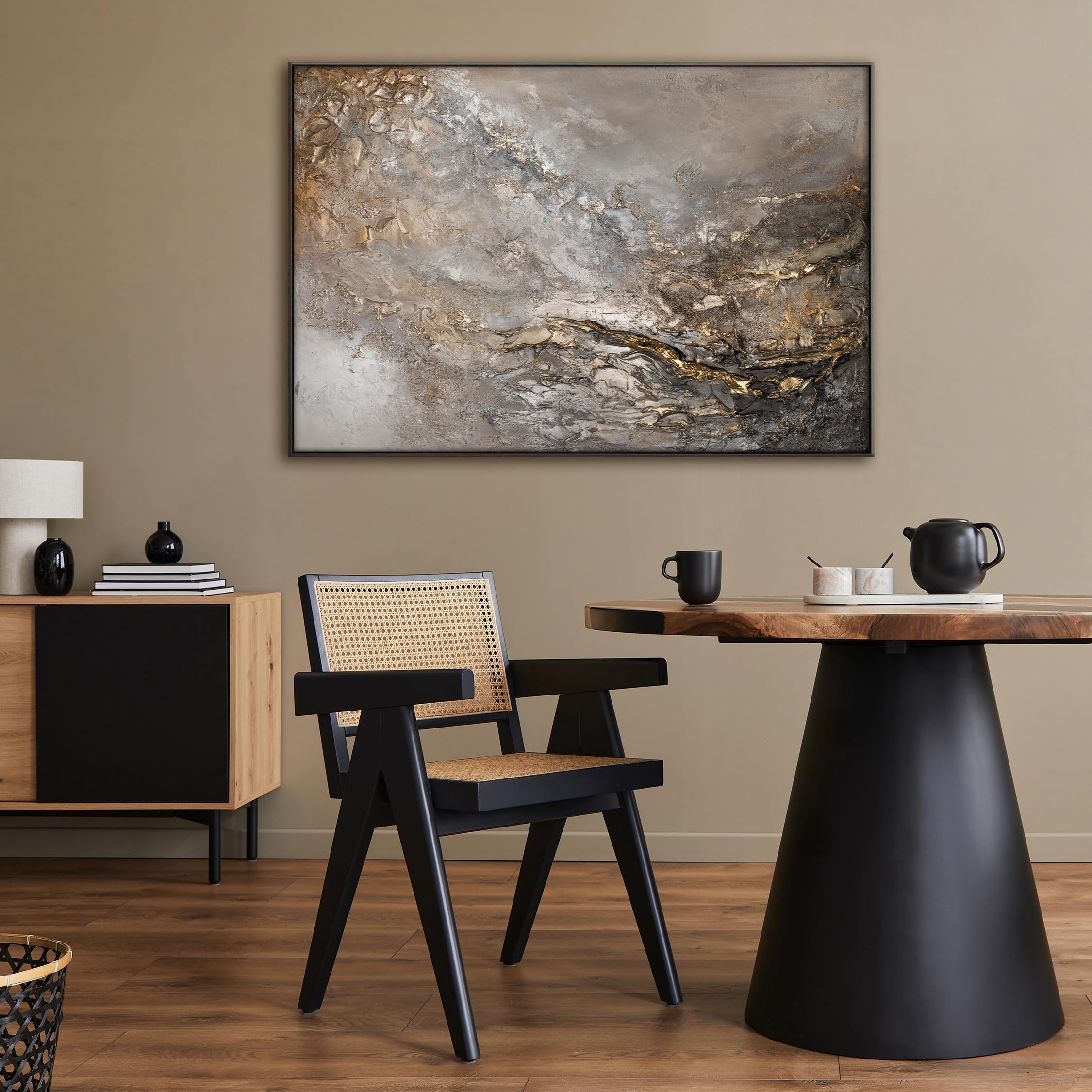 YS Enmarcado Pintado en acrílico Universo Pintura abstracta a mano Tonos verde grisáceo con dorado y plateado Decoración de pared salon modern 120x80 cm