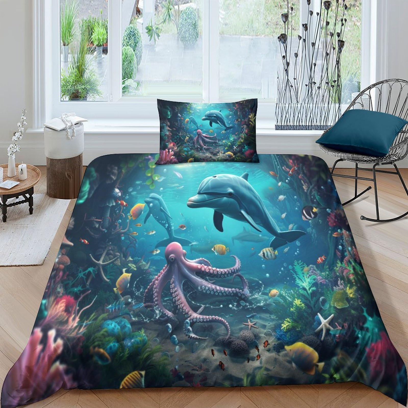 Housse de couette dauphin 3D avec fermeture eclair pour simplifier le lit de votre enfant