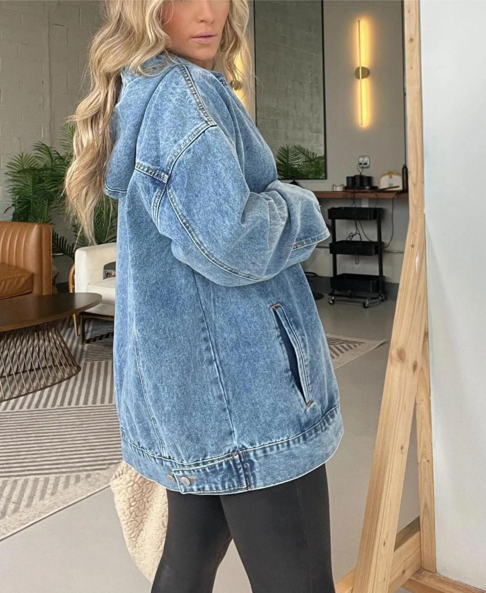 Dżinsowa bluza z kapturem z kieszeniami przednimi, damska dżinsowa bluza z kapturem, kurtka dżinsowa, damska bluza oversize z kapturem dżinsowa