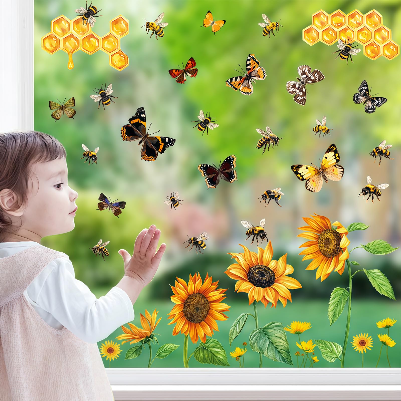 Tivleed Yellow Static Cling Window Stickers - No Residue, 94Pcs Sunflower Decals With Bees & Butterflies, Reusable Glass Decor For Classroom & Home