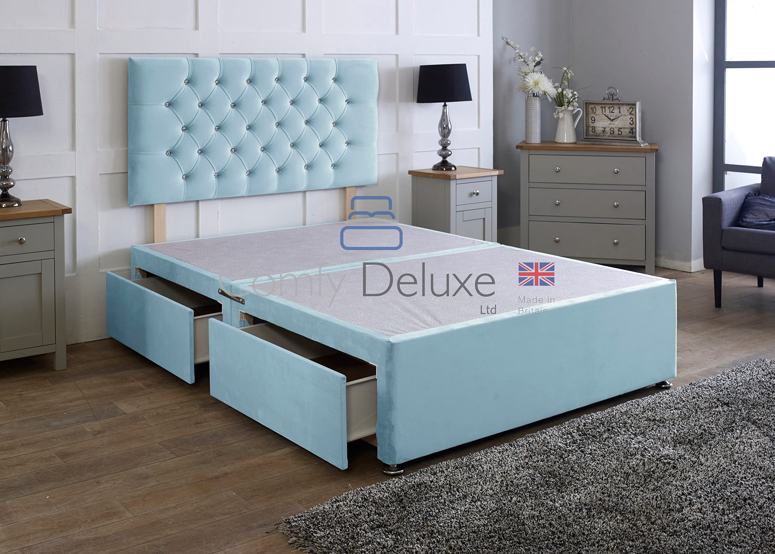 Comfy Deluxe LTD Divan Bed Base - 3FT Single, Teal Blue | Plush Velvet Bed Frame with 26 Inch Chesterfield Headboard | No Mattress Included | No Storage | UK Made