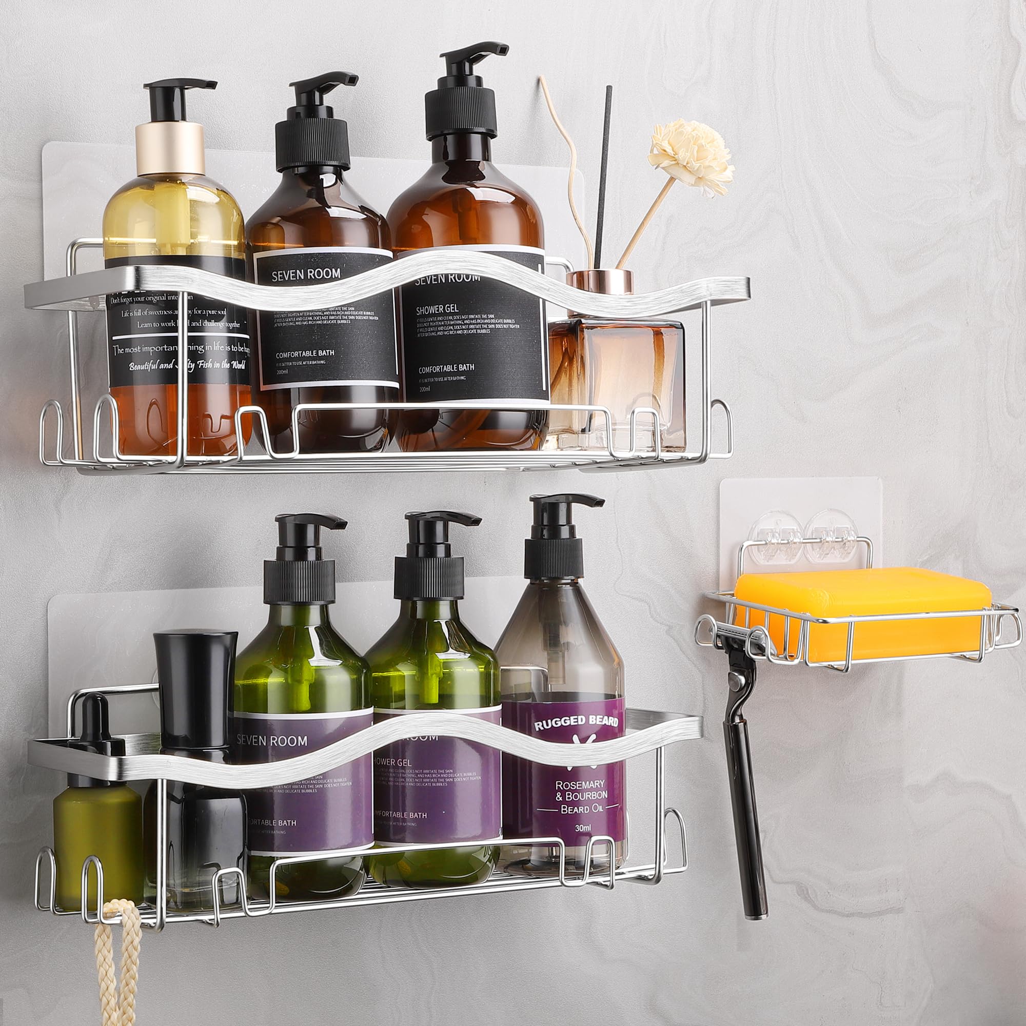 ALOCEO Shower Caddy 3 Pack, Shower Shelf No Drilling Bathroom Wall Storage with Soap Holder - Image 2