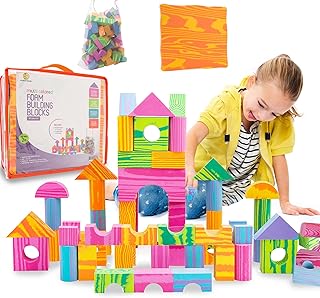 Morvat 60 Piece Colorful Soft EVA Foam Building Blocks Set, Waterproof Play Toy for Children, Babies, Toddlers, & Kids, Gift for Boys & Girls, Non Toxic & BPA Free, Bath Tub Platform, Carry & Dry Bag