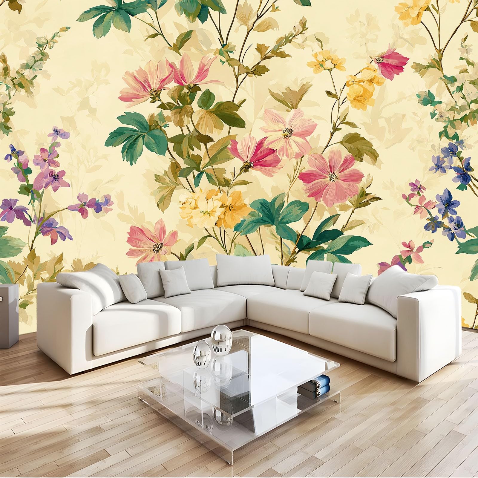350 x 256 cm, fototapeta z włókniny, efekt 3D, retro, kwiatowa, elegancka fototapeta do salonu, sypialni, tapeta ścienna, kremowa