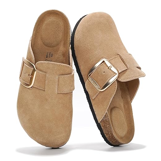 Project Cloud 100% Genuine Leather Clogs for Women Shoes - Memory Foam Insole, Non-Slip & Natural Cork Footbed Arch Support Big Buckle Womens Clogs and Mules Footwear (Manchester)