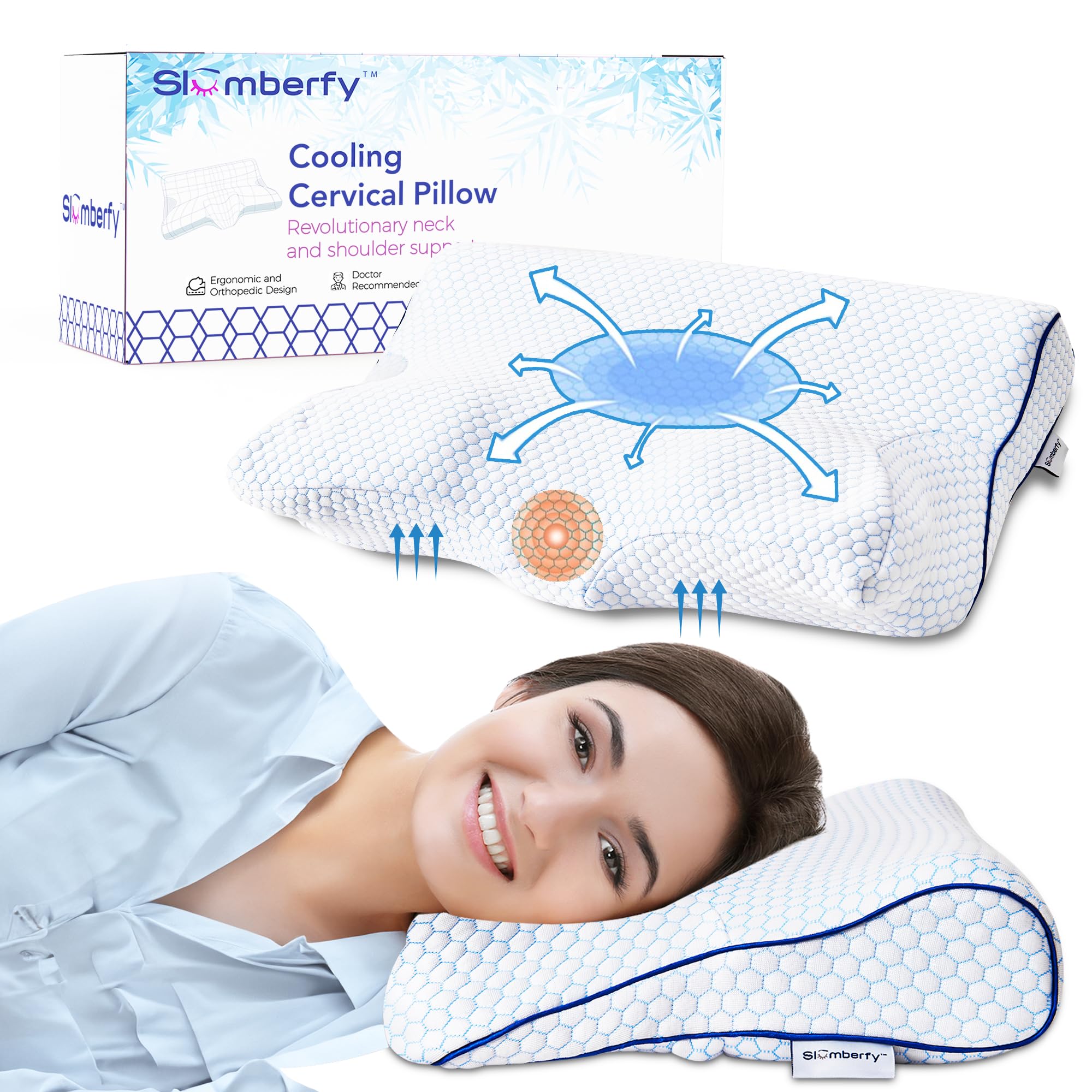 Cooling Cervical Pillow for Neck Pain Relief - Contoured Support for All Sleep Positions - Neck & Spine Alignment Cushion - Breathable, Hypoallergenic Comfort