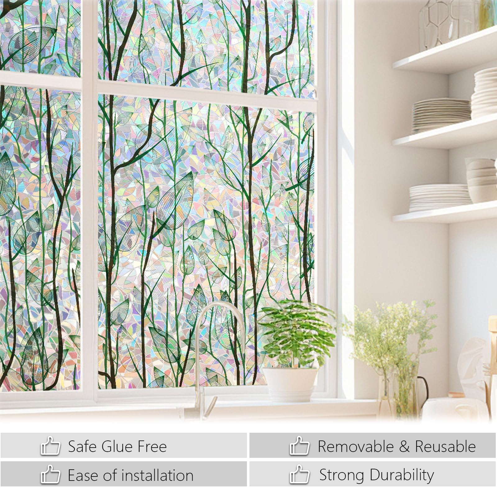 LEMON CLOUD Privacy Window Film 3D Stained Glass Window with Installation Tools,No Glue Static Cling Window Sticker,Decorative for Glass Door,Bathroom,Office and Home (Leaf Rainbow,17.5 x 78.7 Inch)