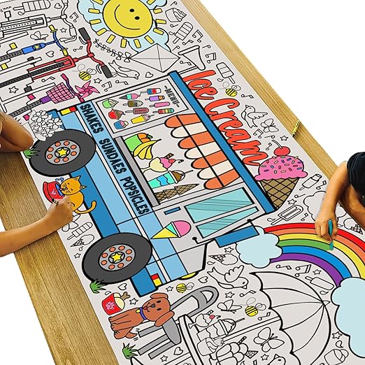 Tiny Expressions Ice Cream Coloring Tablecloth for Kids - Rolled, No Creases 30" x 72" Large Coloring Poster for Summer-Themed Birthday Parties - Ice Cream Party Decorations for Boys and Girls