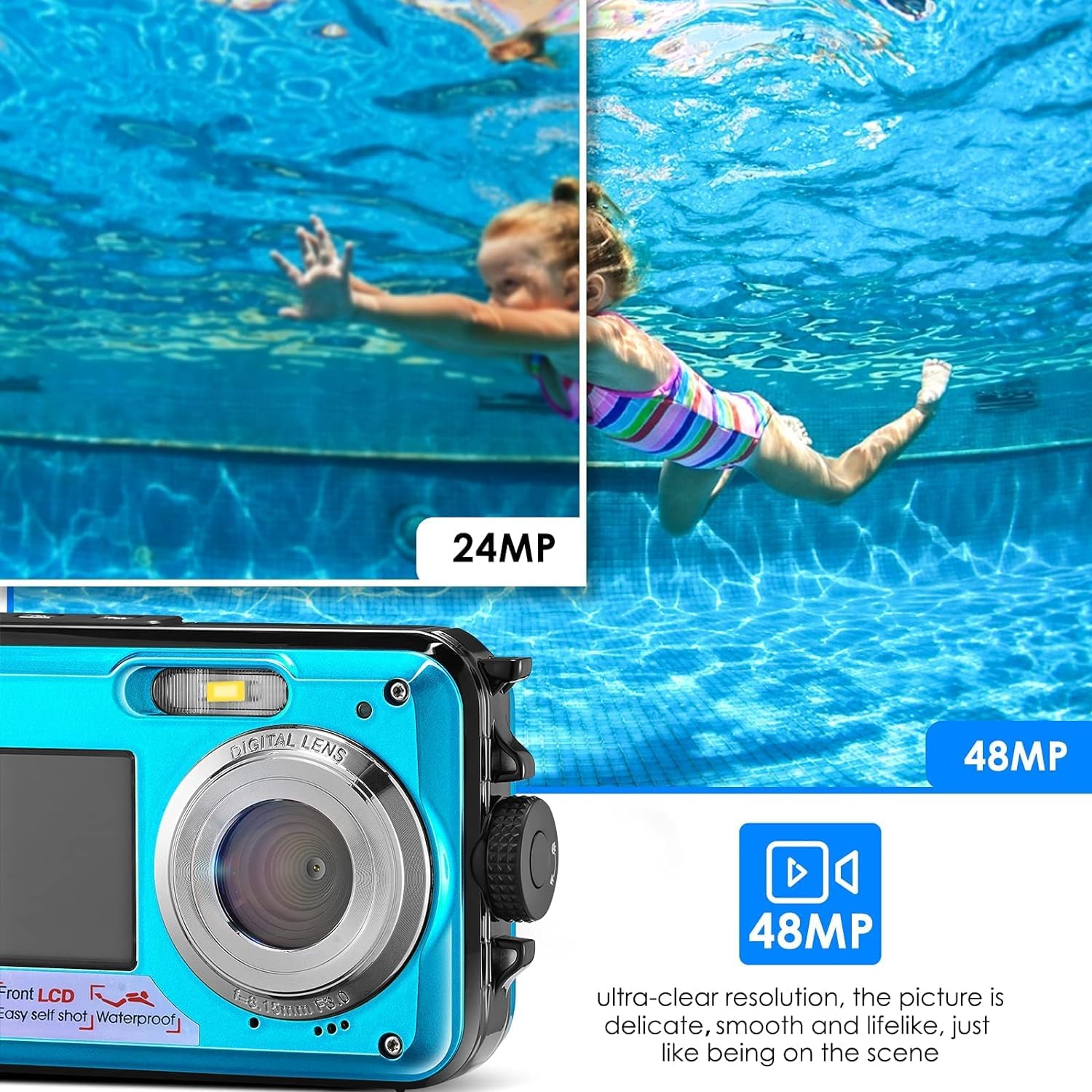 Cámara Digital a Prueba de Agua Full HD 2,7 K 48 MP Cámara Impermeable Digital Marina, Zoom Digital 16 cámaras Impermeables con micrófono LED retardador para Adolescentes Alumnos