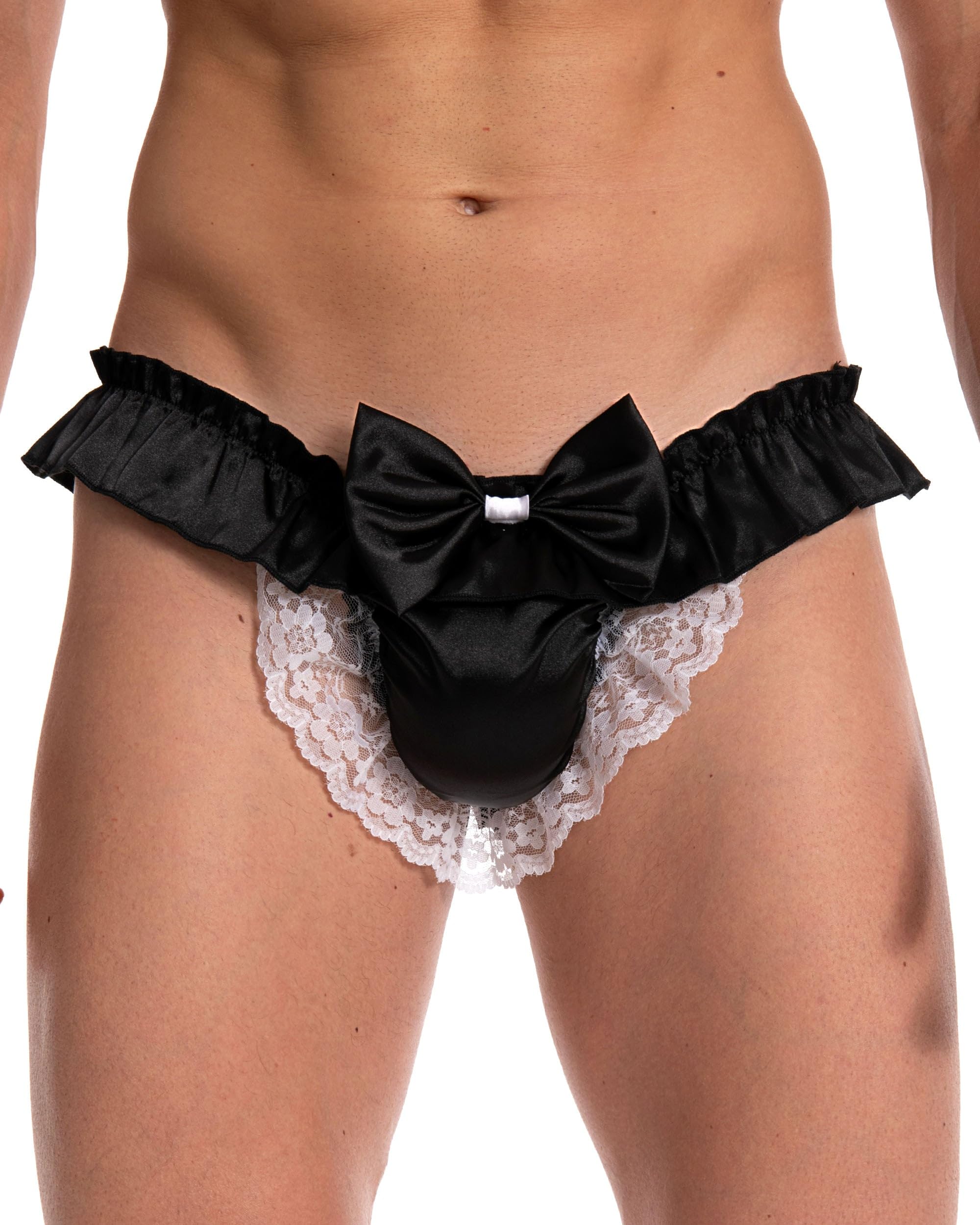 Satini Men's Satin Ruffle Bow Thong, Black, S