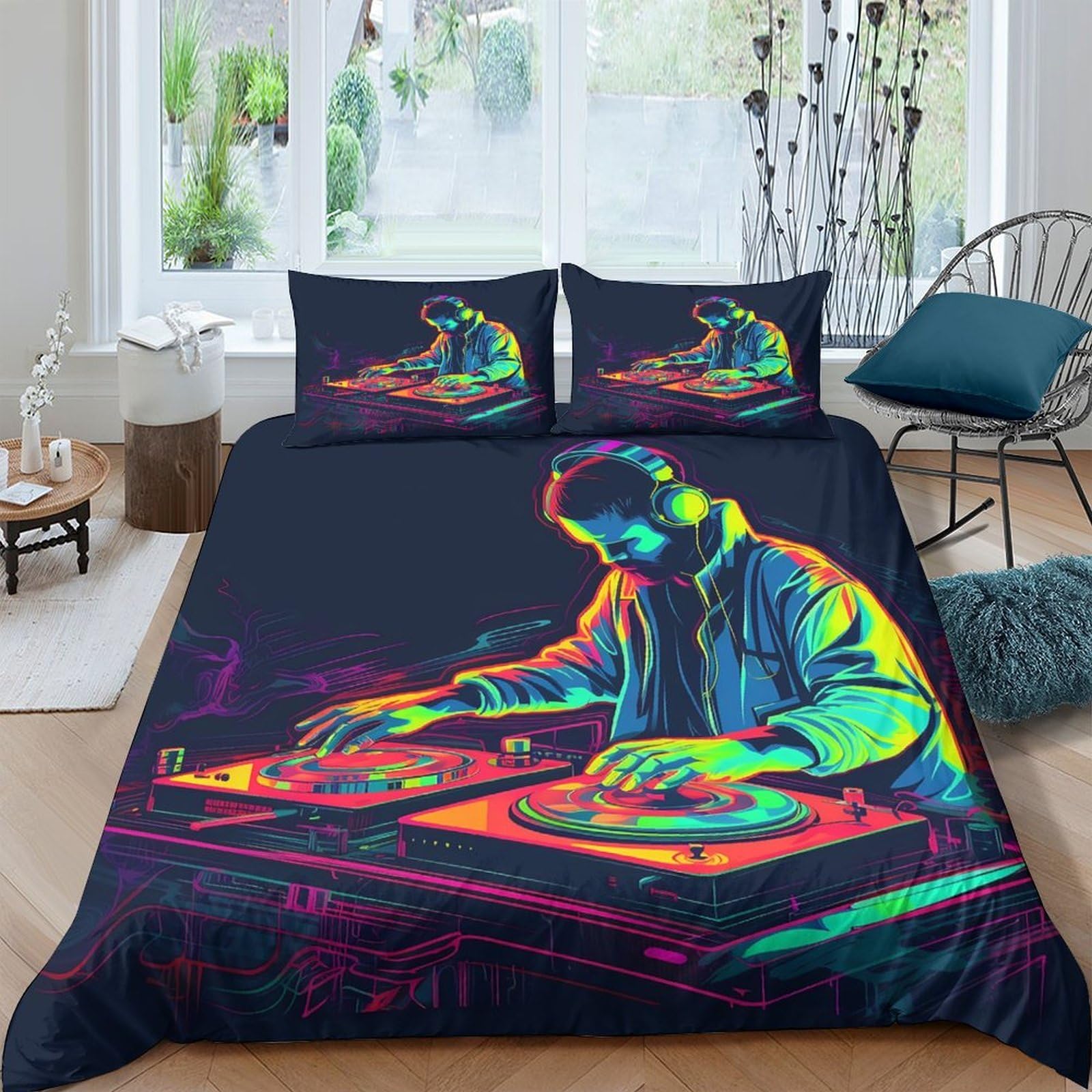 Ctjqhvkz Style-4 3D Printed Neon Dj Fitted Sheet Microfiber Vibrant Colorful Turntable Mattress Cover For Bedroom Guest Room Decor Single（135X200cm）