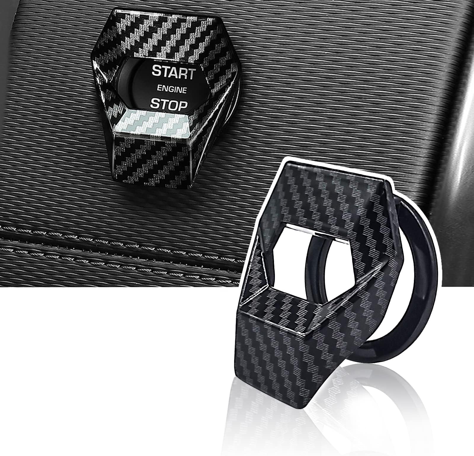 jeseny Universal Carbon Fiber Engine Start/Stop Button Cover, Aluminum Alloy Car Power Control Trim, Push to Start Button Cover Key Protective Cover for Civic CRV XRV Challenger Charger CHR (Black)