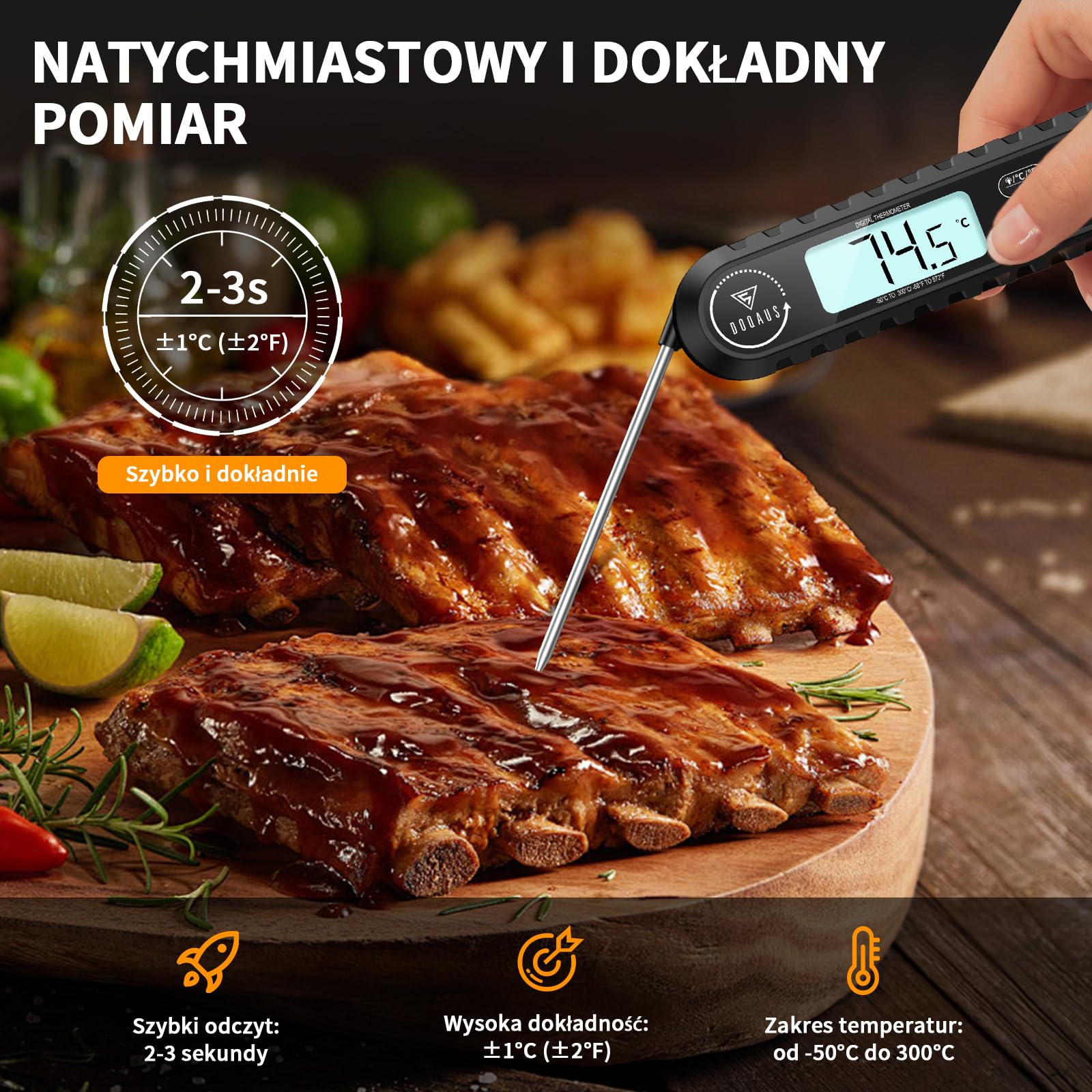 DOQAUS Termometr do mięsa z 2 Sondami - Dokładność ± 1°C i Pomiar w 3 Sekundy, Alarm i Podświetleniem do Pieczenia i Grillowania (Czarny)