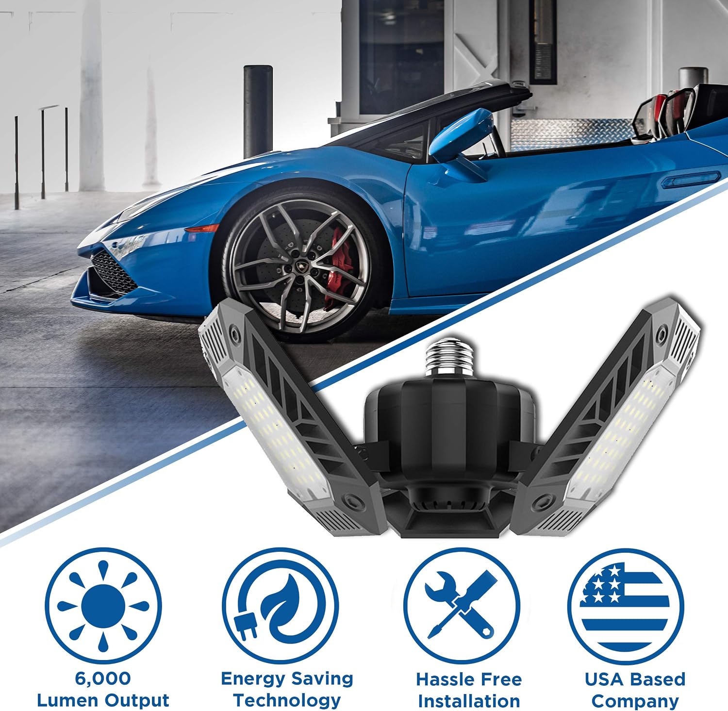 Hudson 6W LED Garage Light - 6000K Cool White deformable LED Shop Light (60W Equivalent) - E26/E27 Standard Screw Based Adjustable LED Light for Ceiling Fixture - 6000 Lumens Work Shop/Bay LED Light