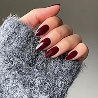 Vista 4 de 48 piezas de uñas postizas a presión color burdeos, uñas falsas en forma de almendra, pegamento para uñas, uñas de longitud media