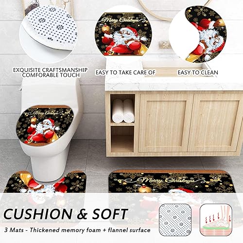 Miniatura 5 de Peryiter Juego de cortinas de ducha de Papá Noel negro con alfombras antideslizantes, cubierta de tapa de inodoro y 12 ganchos, decoración de baño