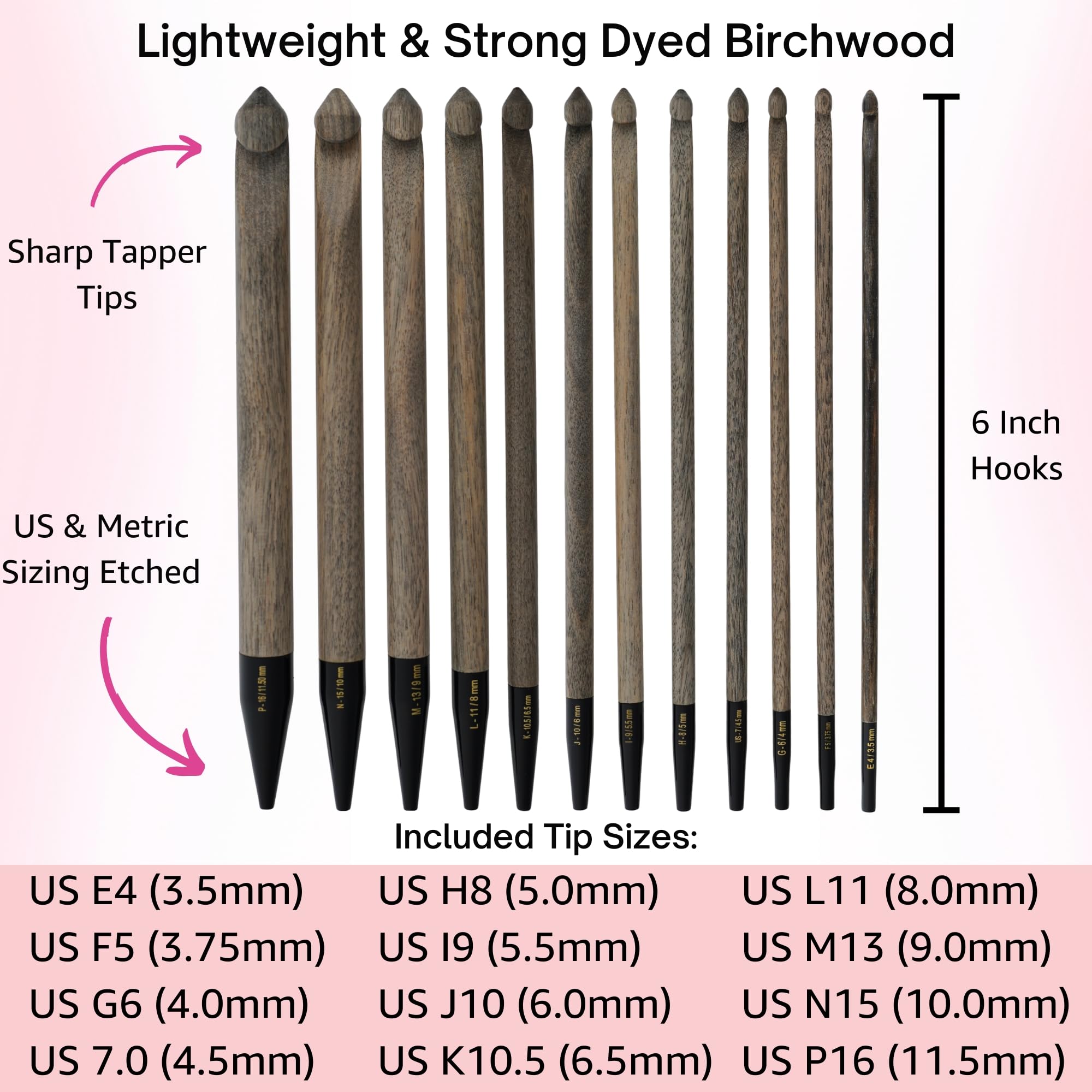 Lykke Treibholz, austauschbares Häkelnadel-Set, Birkenholz, 15 cm, US E4, F5, G6, 7, H8, I9, J10, K10.5, L11, M13, N15, P16, inklusive grauem Denim-Etui, gebündelt mit 1 Artsiga Craft-Projekt-Tasche
