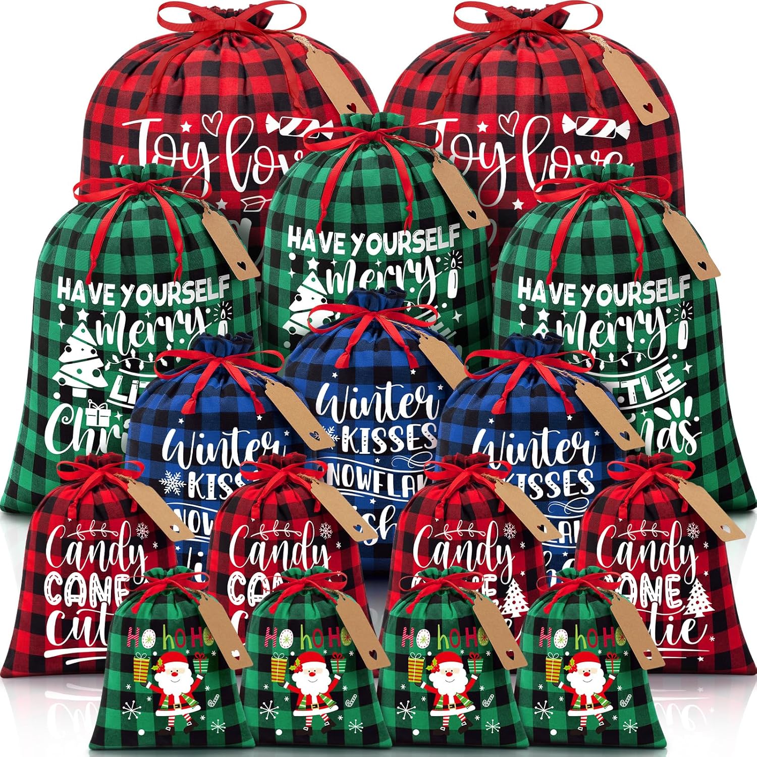 16 PCS Christmas Drawstring Gift Bags with Tags, Buffalo Plaid Large Xmas Gift Bags