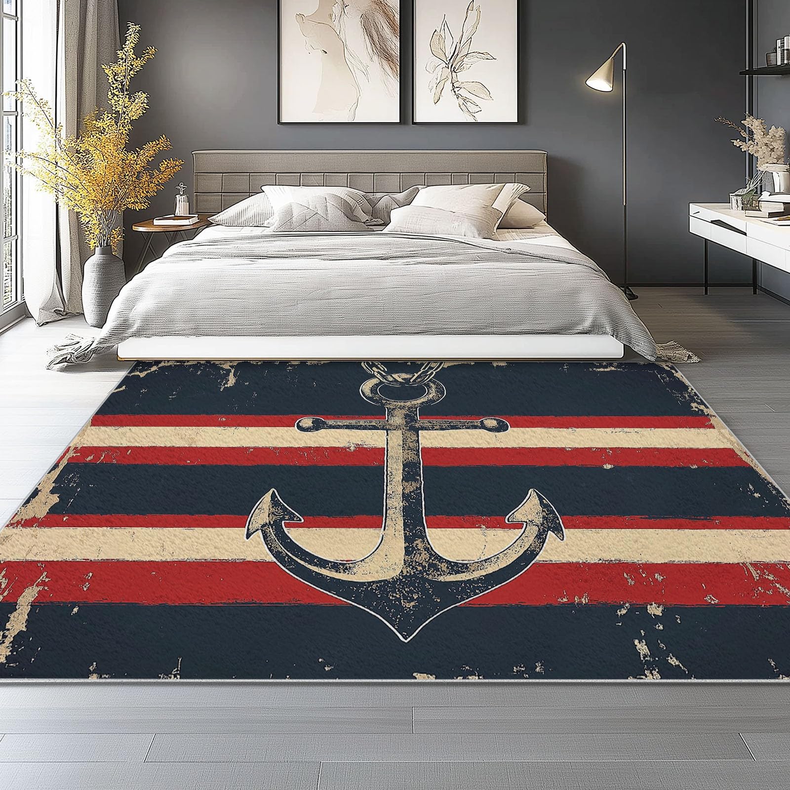 Tappeto Strisce Ganci Effetto Consumato Vintage Stampa Tappeto Lavabile, Moquette Antiscivolo Morbido 160 x 230 cm Scendiletto Camera da Letto Tappeti Lavabili per Salotto Cameretta Bambino, Rosso Blu
