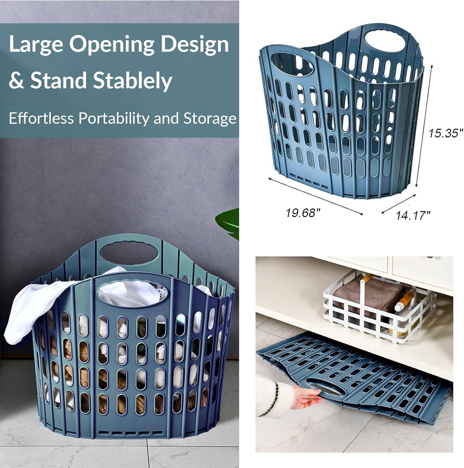 2 Pack Laundry Hampers, Collapsible Plastic Laundry Basket, Shopping Bag with Carry Handle, Foldable Washing Bin Kitchen Storage for Bathroom, Camping, Supermarket and Car Trunk, Blue