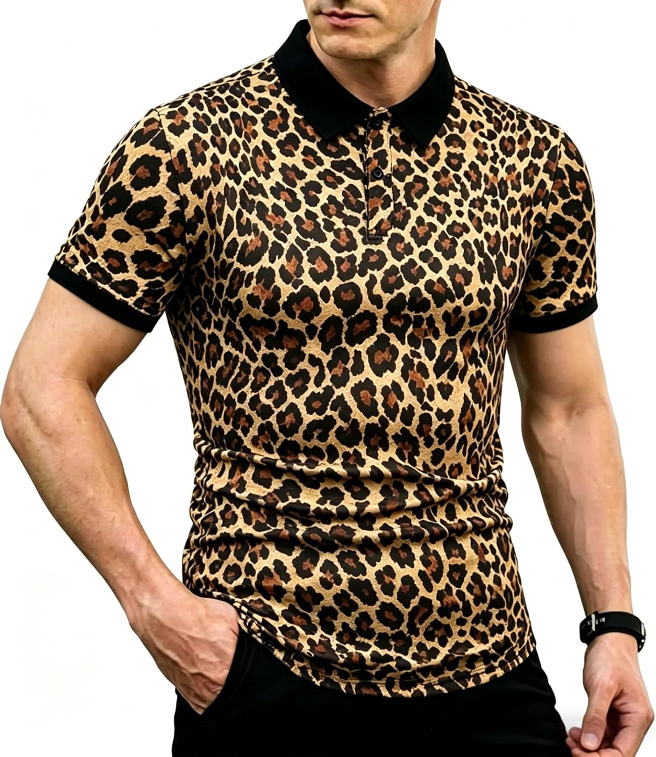 Men's Leopard Print Polo Shirts Summer Beach T-Shirt Casual Short Sleeve Cheetah Print Polo Shirt Tops