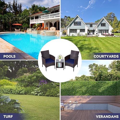 Miniatura 9 de Juego de muebles de porche para patio, 3 piezas, sillas de mimbre de ratán con mesa, juegos de muebles de jardín al aire libre, juegos de