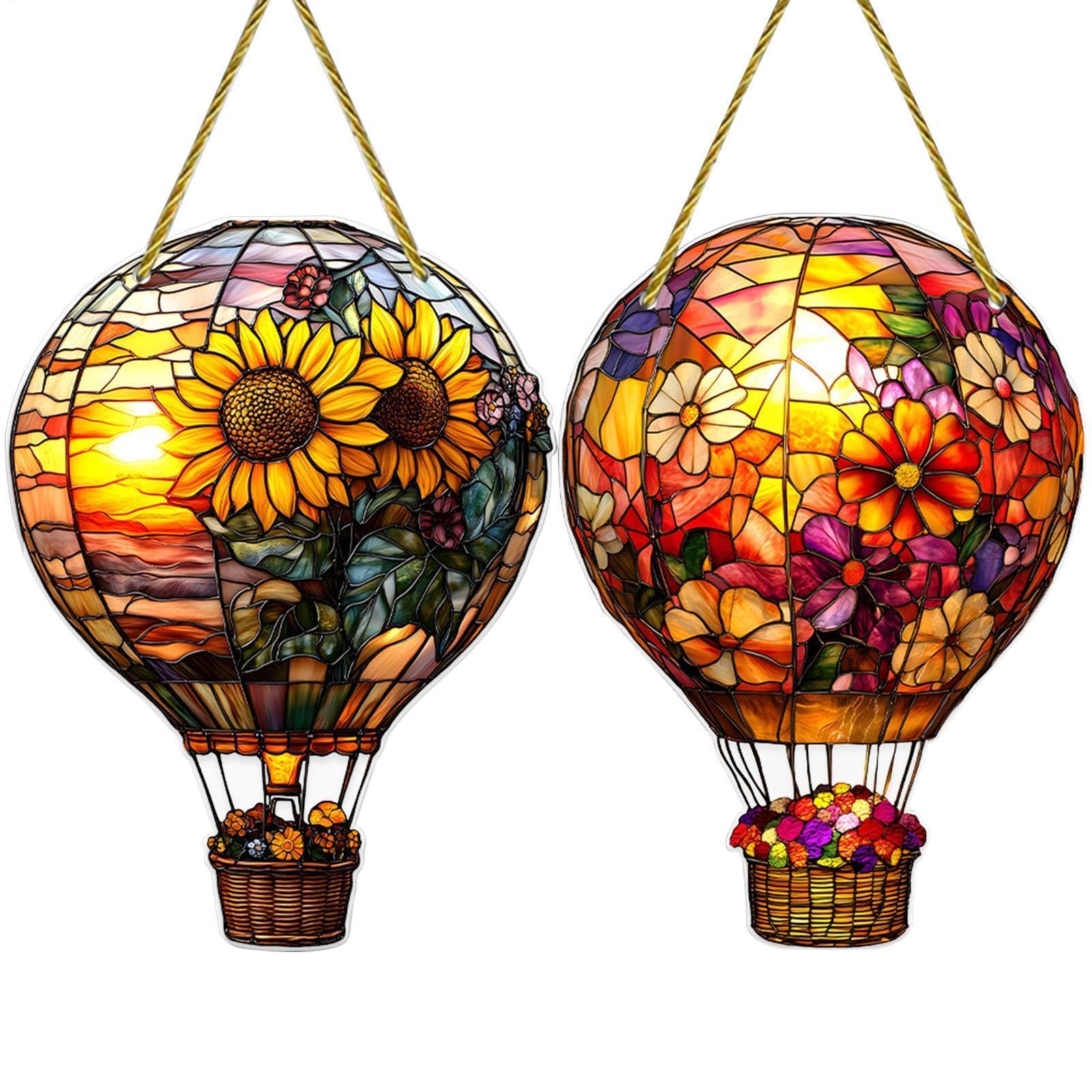 2PCS Hot Air Balloon Solar Garden Light, 2D Stained SunCatcher Hot Air Balloon, Weatherproof Flame Effect Solar Lanterns Ornaments, Hanging Acrylic Solars Lanterns for Garden Window Home