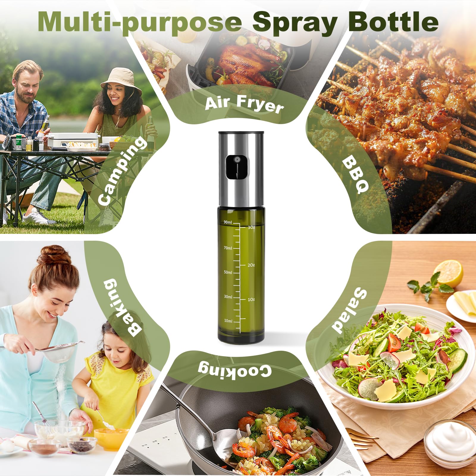 Byitin 2 pezzi Spruzzino Olio per Friggitrice Aria 100ml, Spruzzatore per Olio d'oliva in Vetro Verde con Protezione UV, Vaporizzatore Nebulizzatore Oil per Cucina, Barbecue con imbuto grande