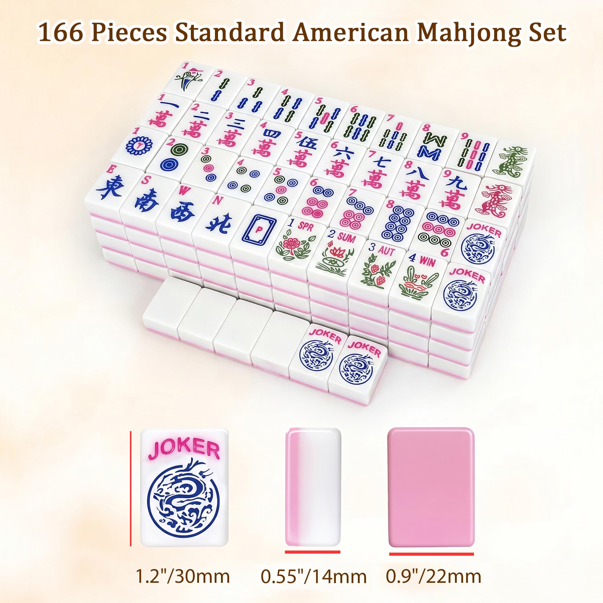 Juego de mahjong americano de 166 tejas, kit de mahjong de viaje con tarjetas de reglas, empujadores de azulejos y bolsa de almacenamiento, para los amantes del Mahjong