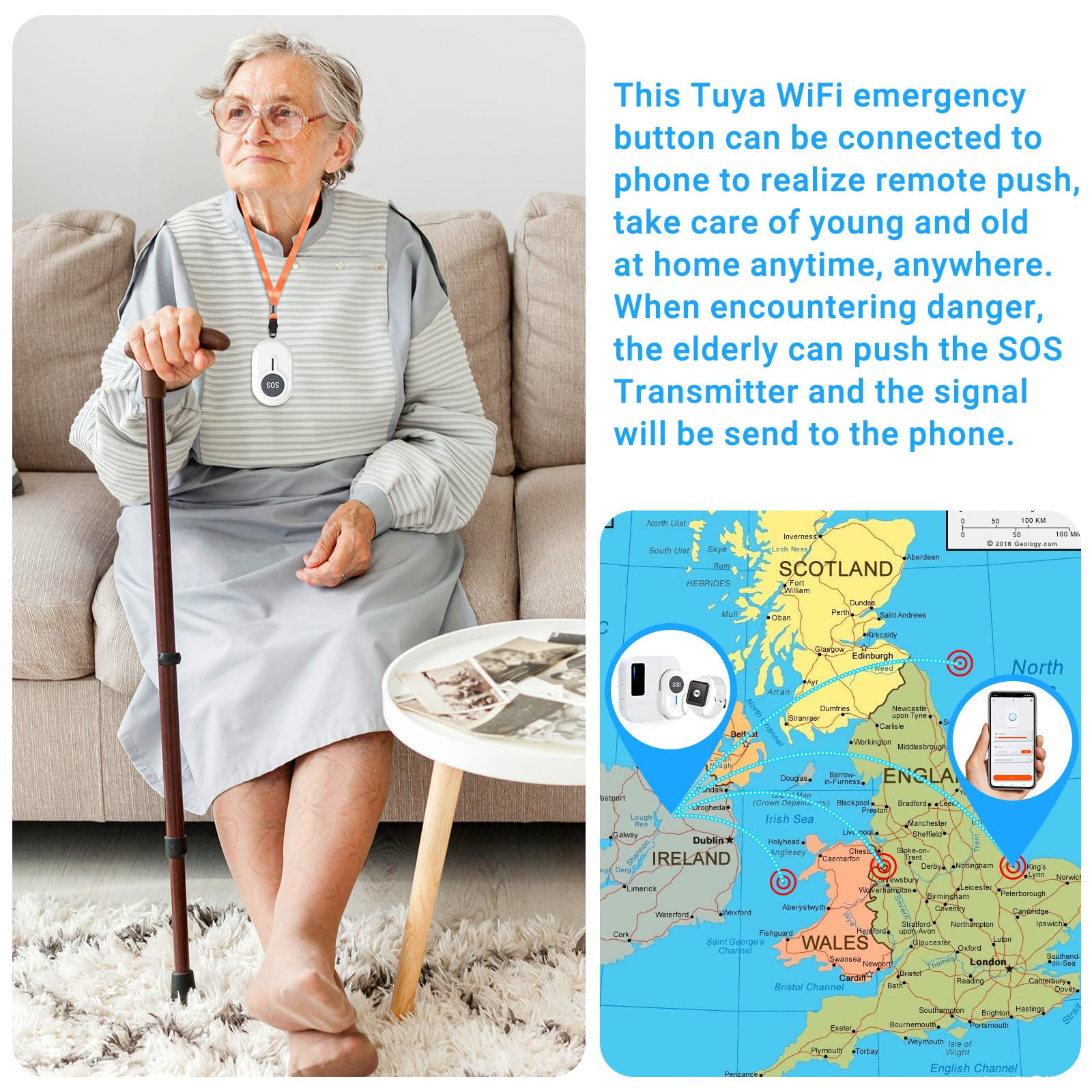 DAYTECH Smart Wrist Personal Alarm for Elderly Wireless Panic Button Linked To Phone, Call Button for Elderly 1* Wrist Button - Image 2