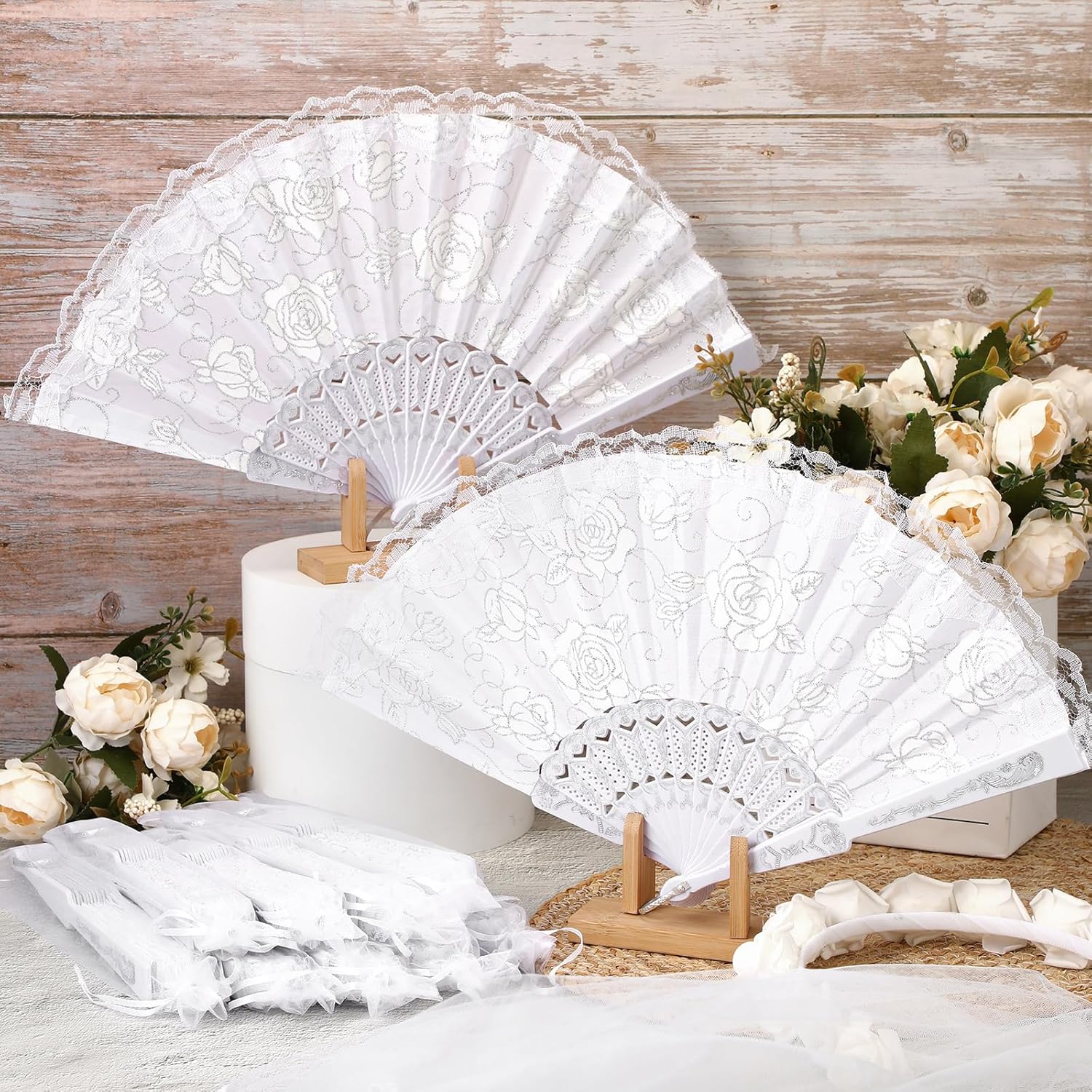 Roowest 12 Pcs Rose Lace Fan Handheld Floral Folding Fans with Organza Bags Chinese Retro Foldable Decor Bridal Dancing Prop Hand Held Cosplay Costume for Party Wedding Birthday Church Tea(Silver)