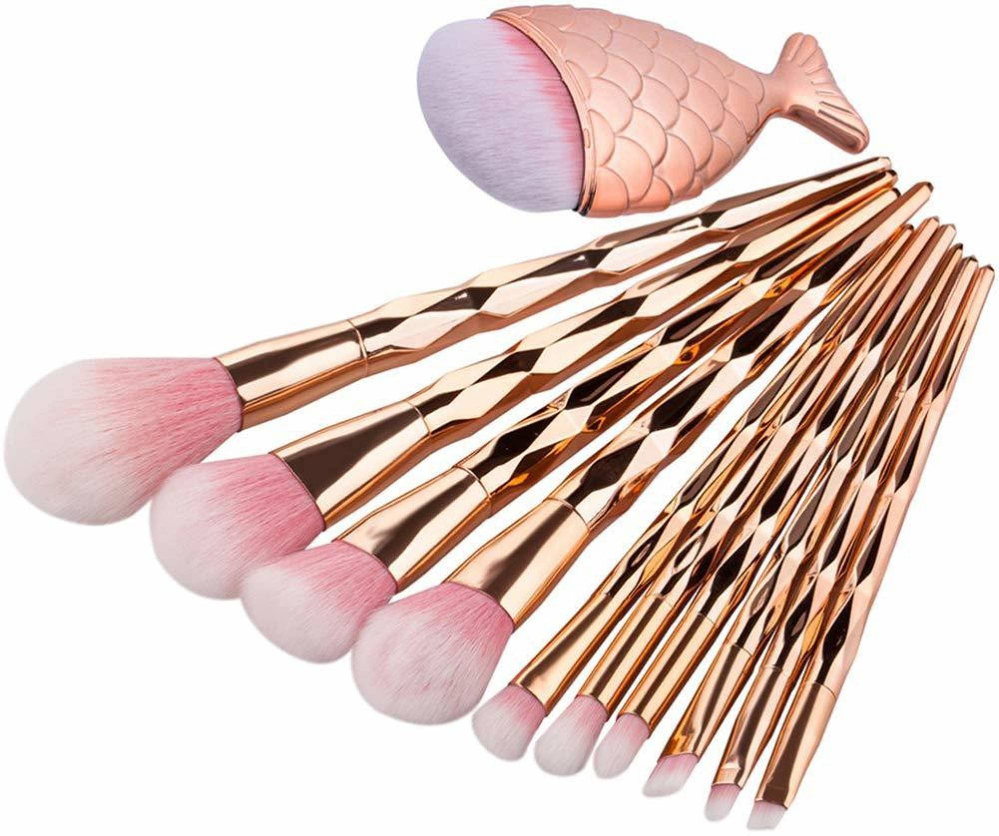 Makeup Brush Set with Mermaid Fish Tail Brush, Synthetic Fiber, Silicone Sponge, 12 Pieces Foundation Powder Blush Blending Eyeshadow Brushes Sets (Golden)-image-19