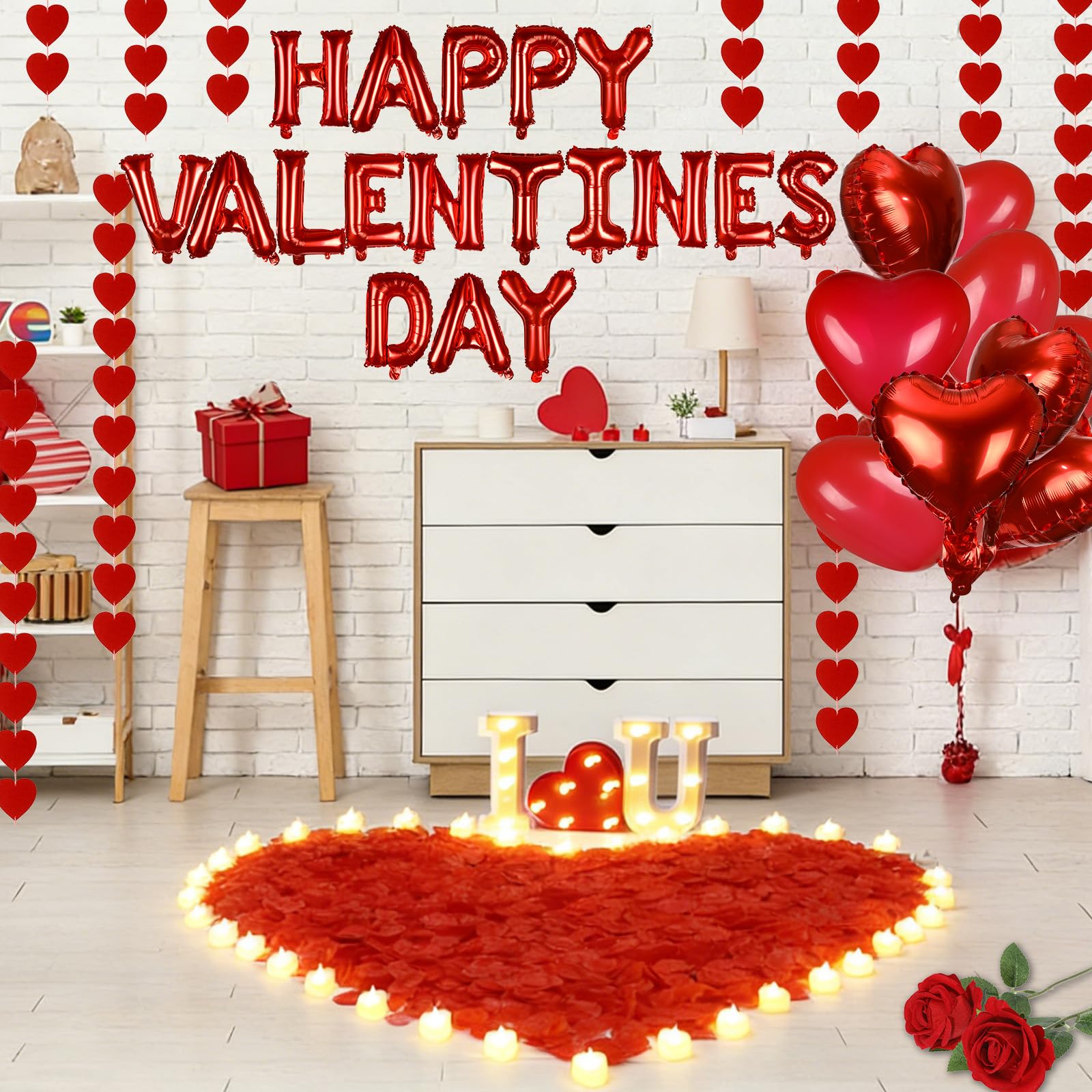 Decoraciones para el día de San Valentín, globos de feliz día de San Valentín, 3000 pétalos de rosa roja con 36 luces LED cálidas, velas con letras iluminadas, 2 rosas artificiales, corazón, globos de