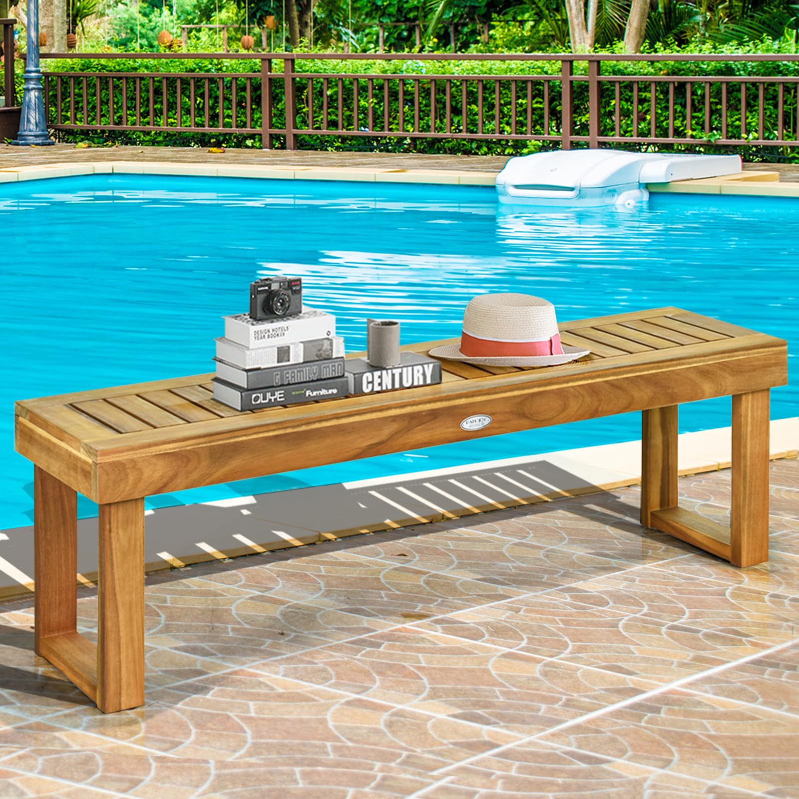 COSTWAY Banco de Madera de Acacia para Patio, Banco de Exterior con Asiento de Listones para Comedor, Banco sin Respaldo para Jardín Patio Piscina Balcón (con Barra de conexión)